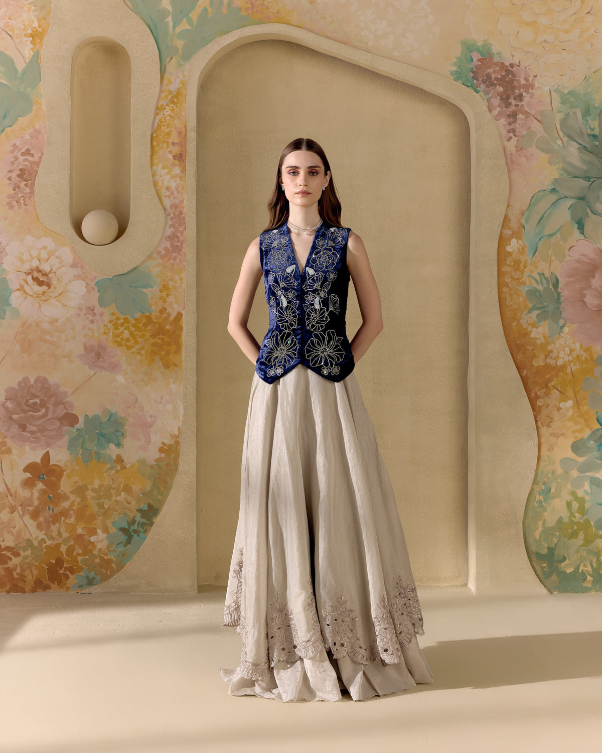 Indigo And Silver Embellished Waistcoat