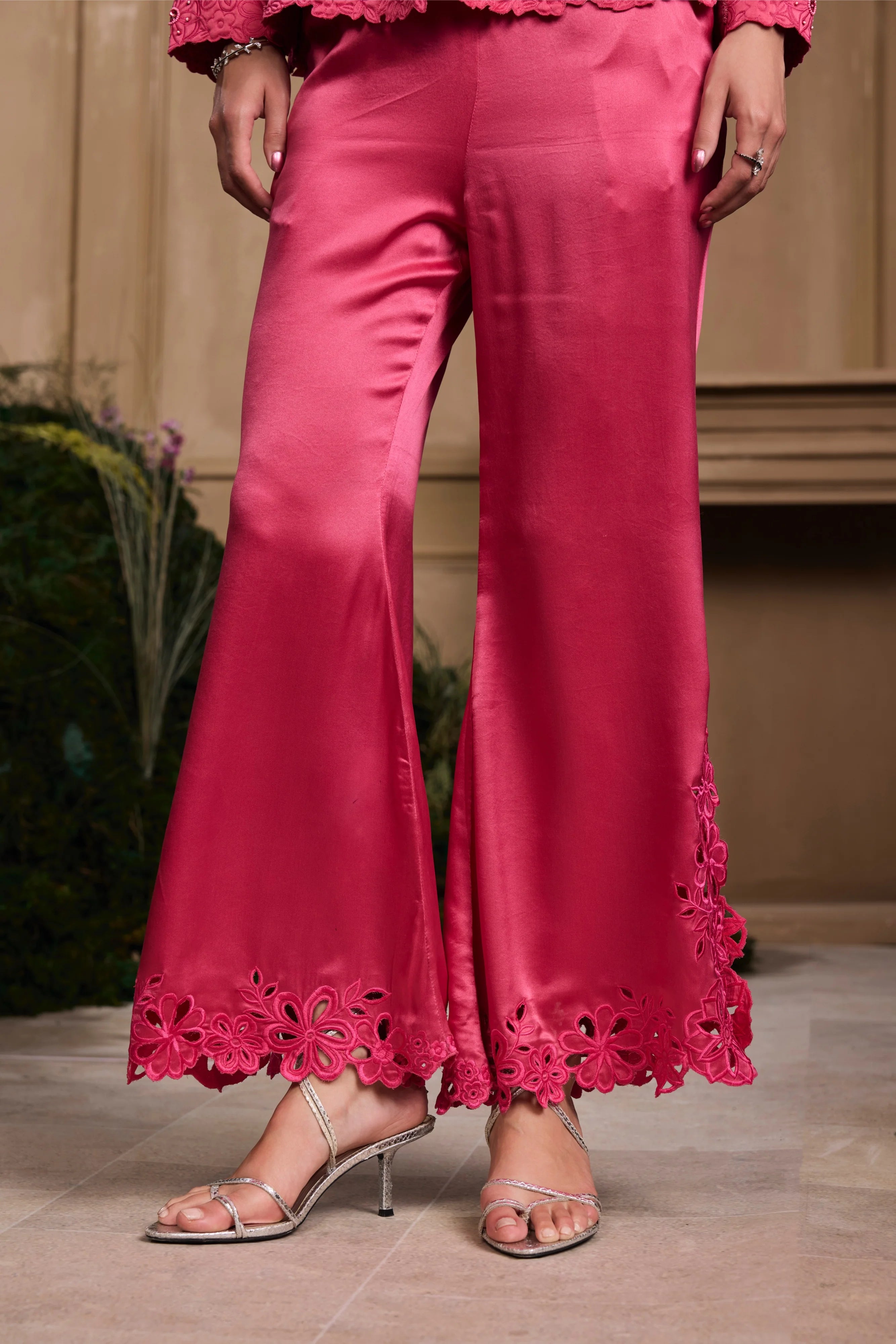 FUCHSIA CUTWORK BELL BOTTOM PANTS & JACKET
