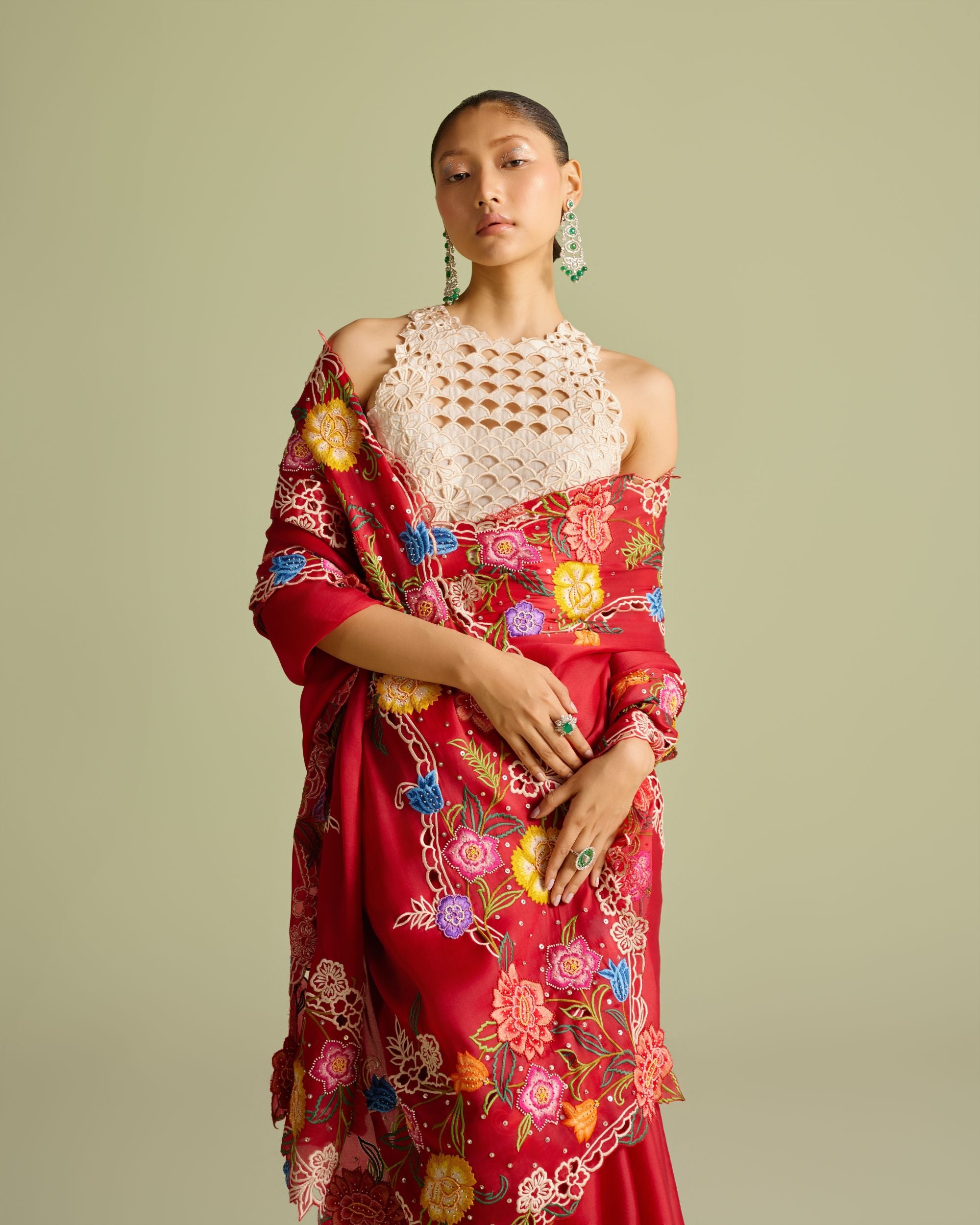 Red Multicolour Floral Embroidered Saree