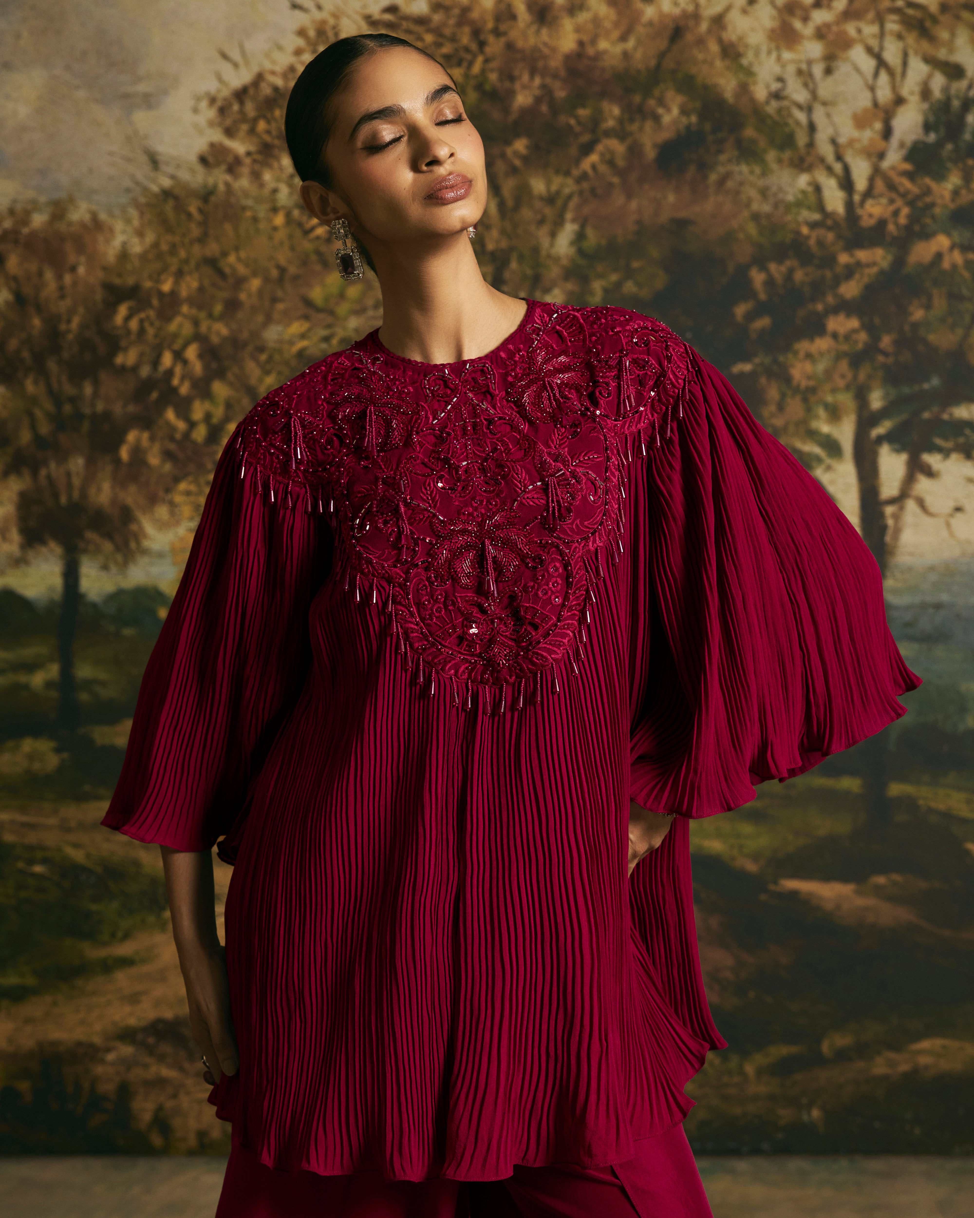 CHERRY RED CUTWORK TEXTURED TUNIC WITH TULIP PANTS