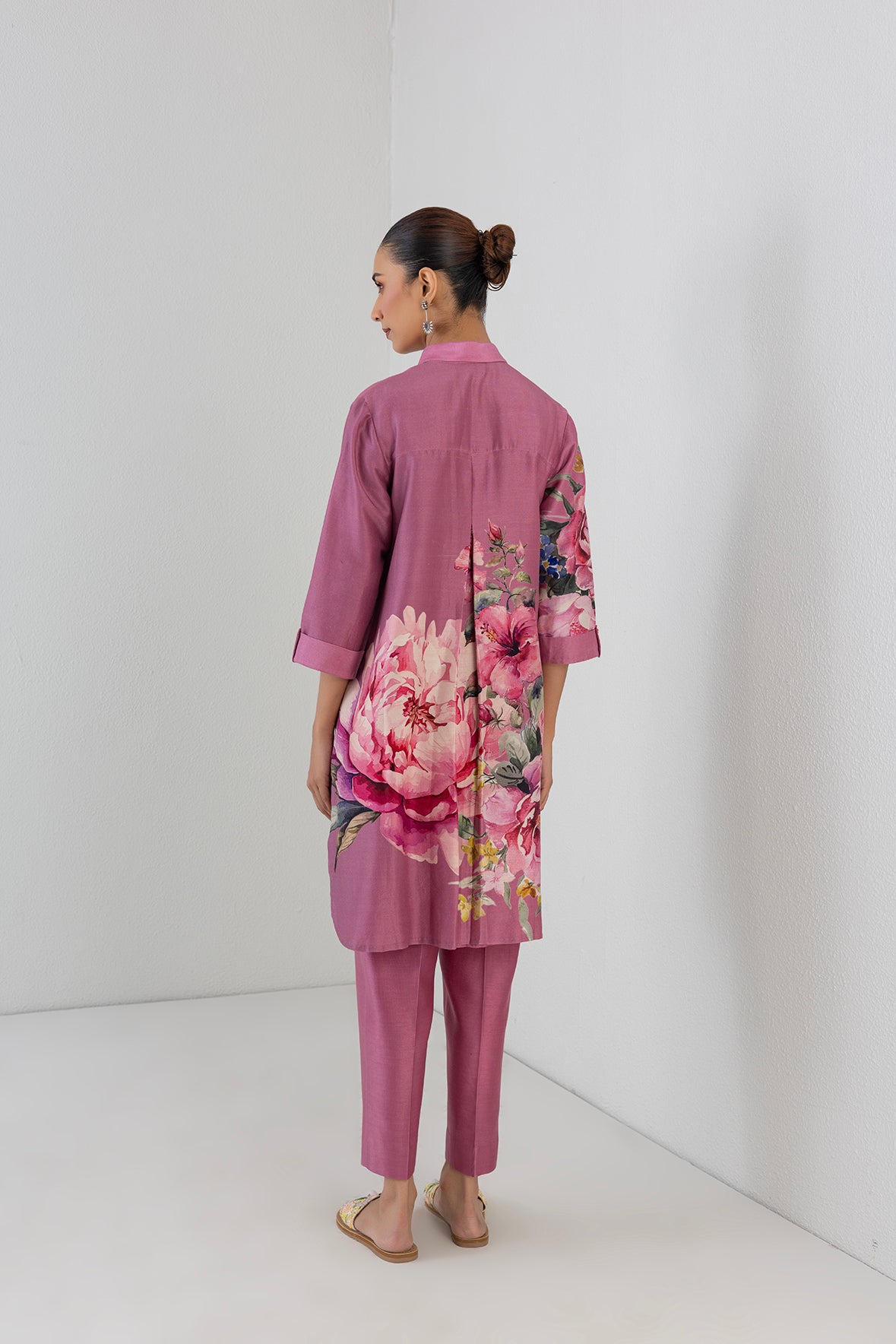 Blush Pink Silk Chanderi Peony Flower Printed Shirt