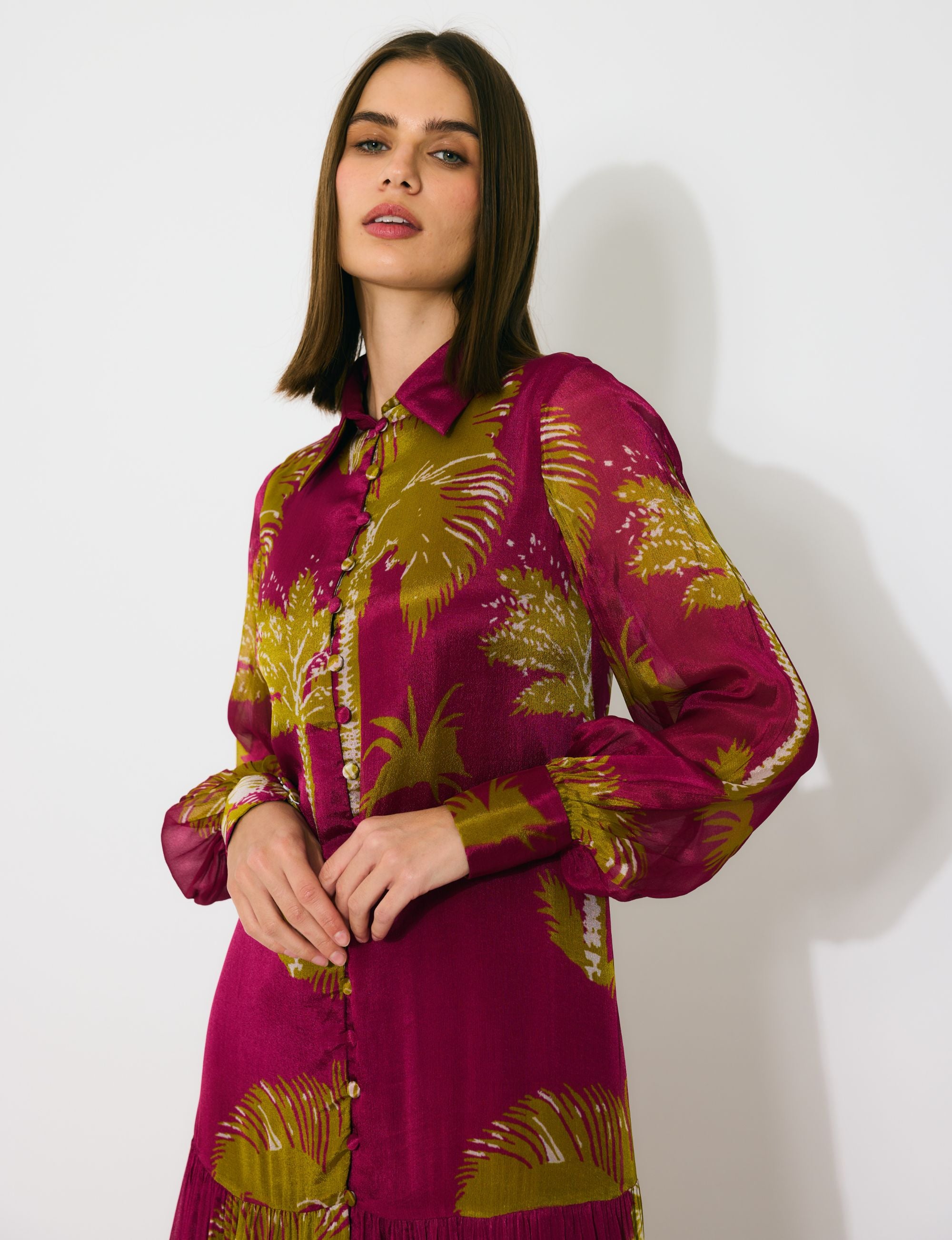 HOT PINK, MUSTARD AND WHITE FLORAL LONG DRESS