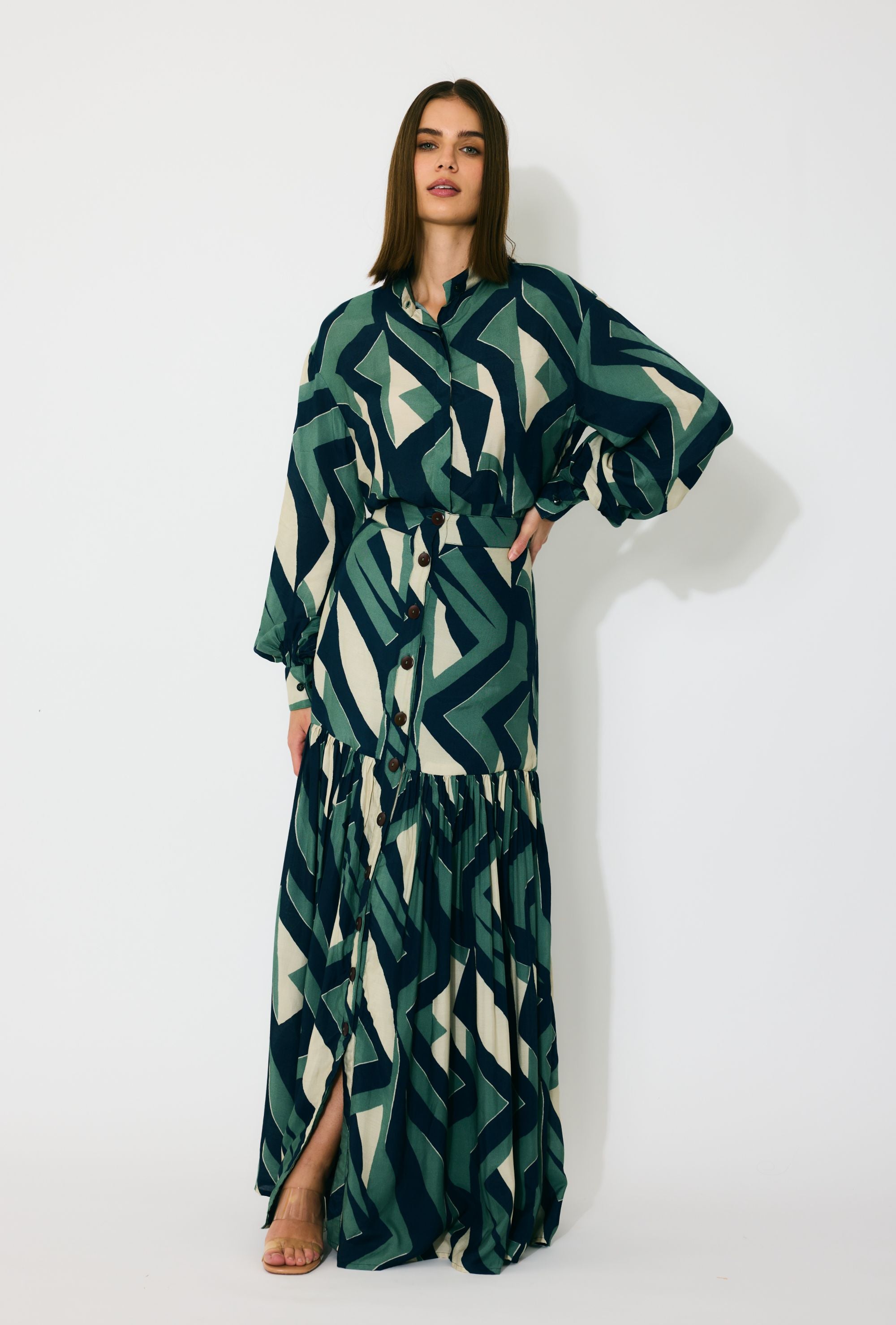 GREEN, INDIGO AND CREAM PATTERN SHIRT