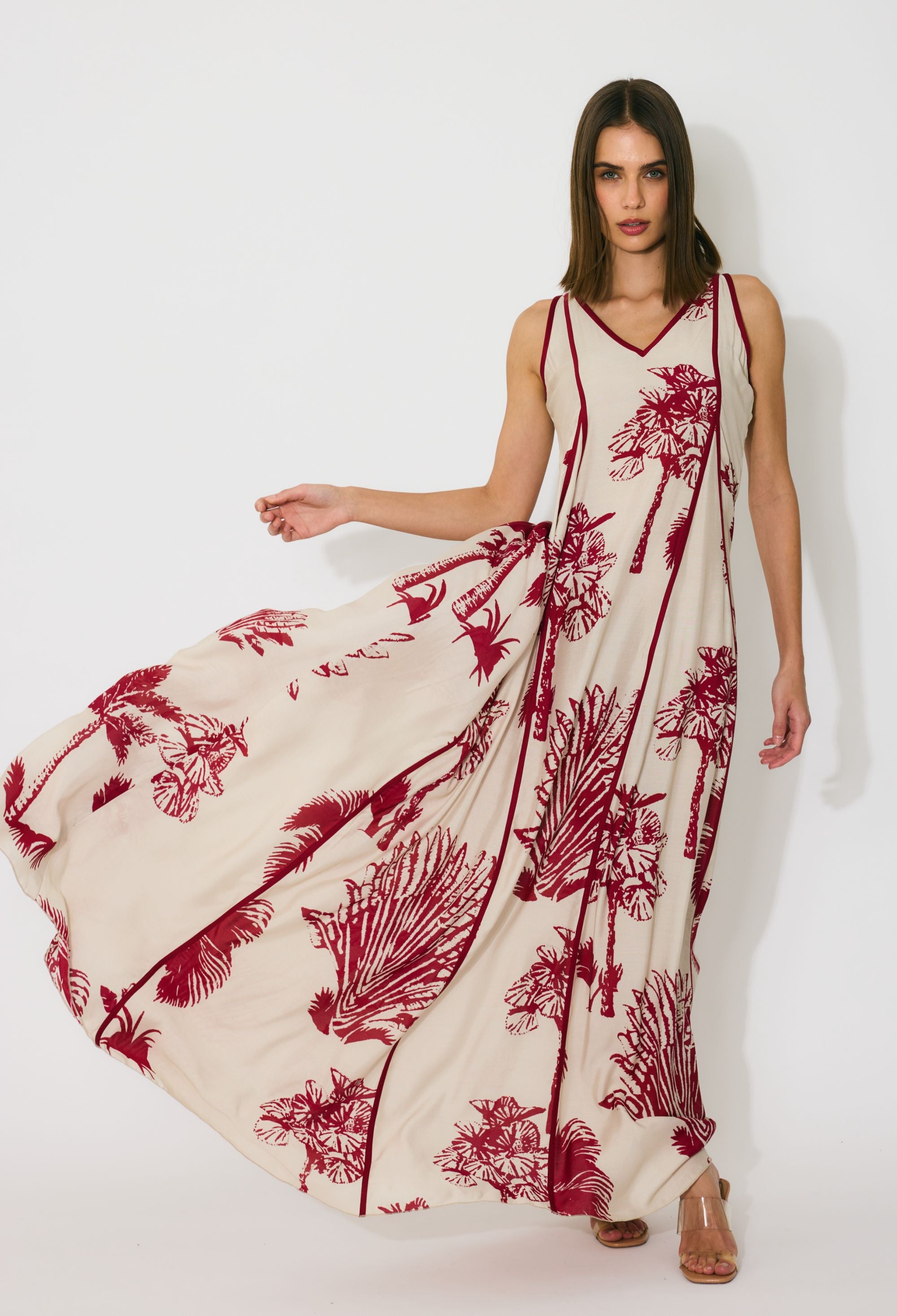 BEIGE AND RED FLORAL SLEEVELESS LONG DRESS