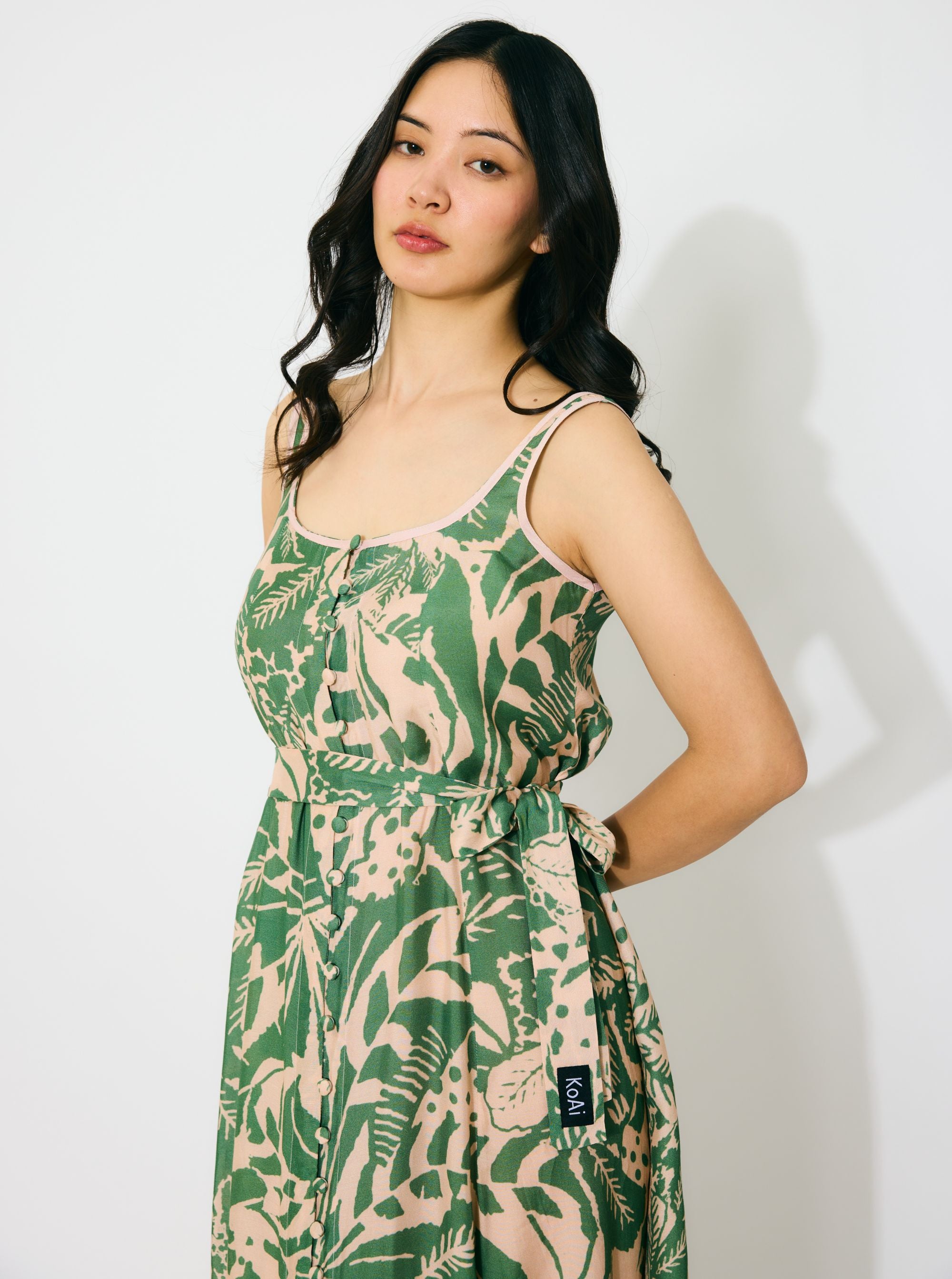 PEACH AND GREEN SLEEVELESS LONG DRESS