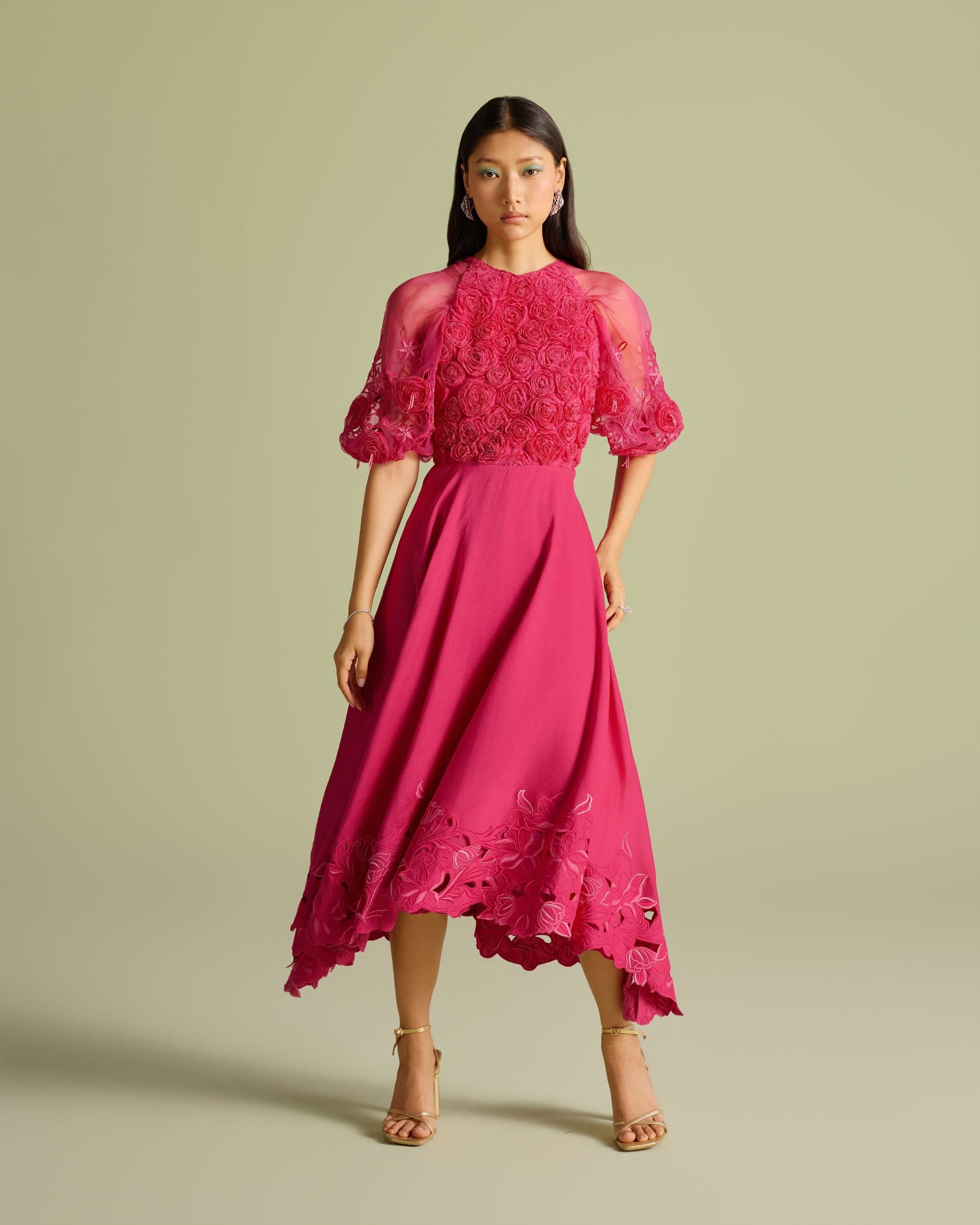 Fuchsia 3D Rose Applique & Cutwork Flounce Dress
