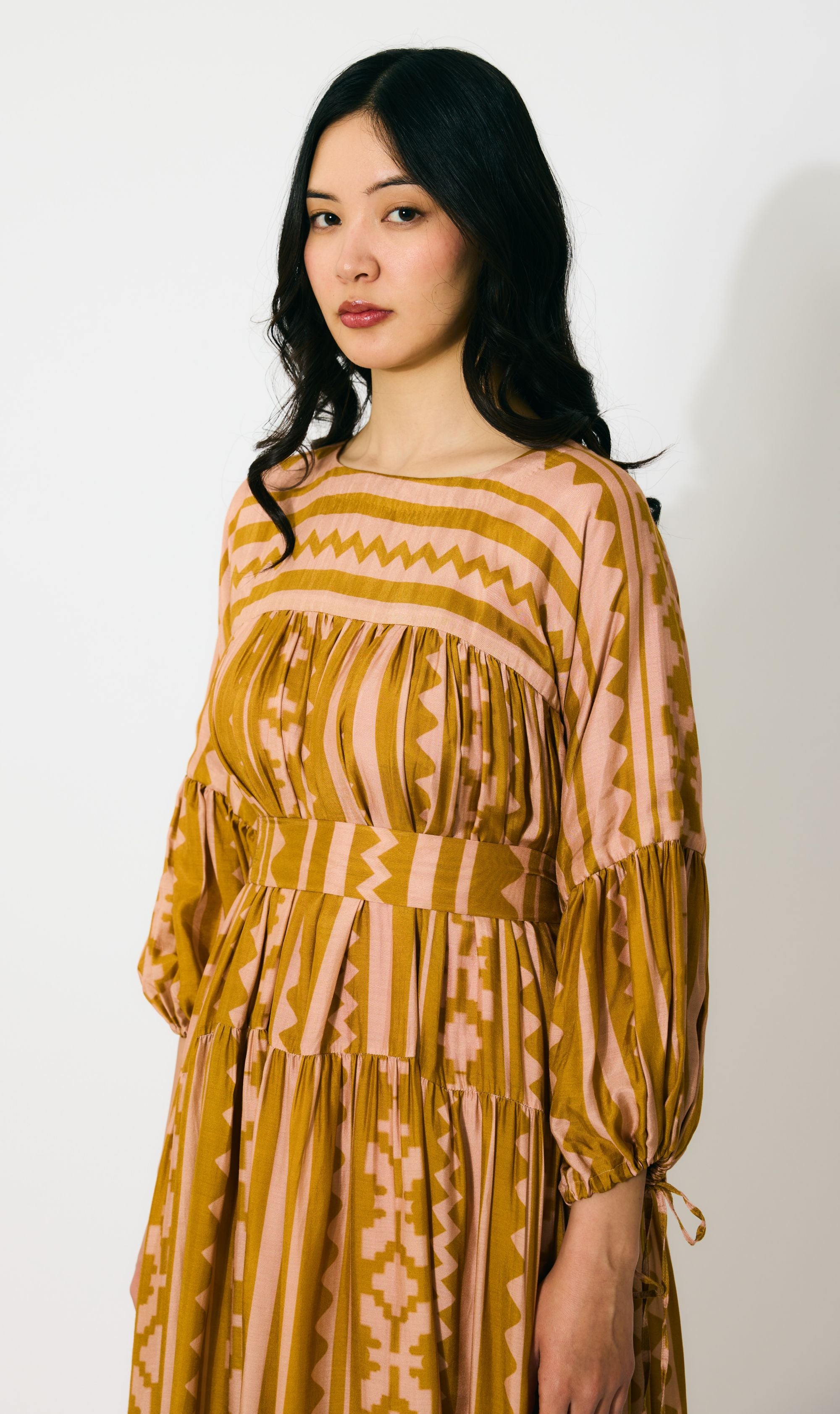 MUSTARD AND PEACH PATTERN MIDI DRESS
