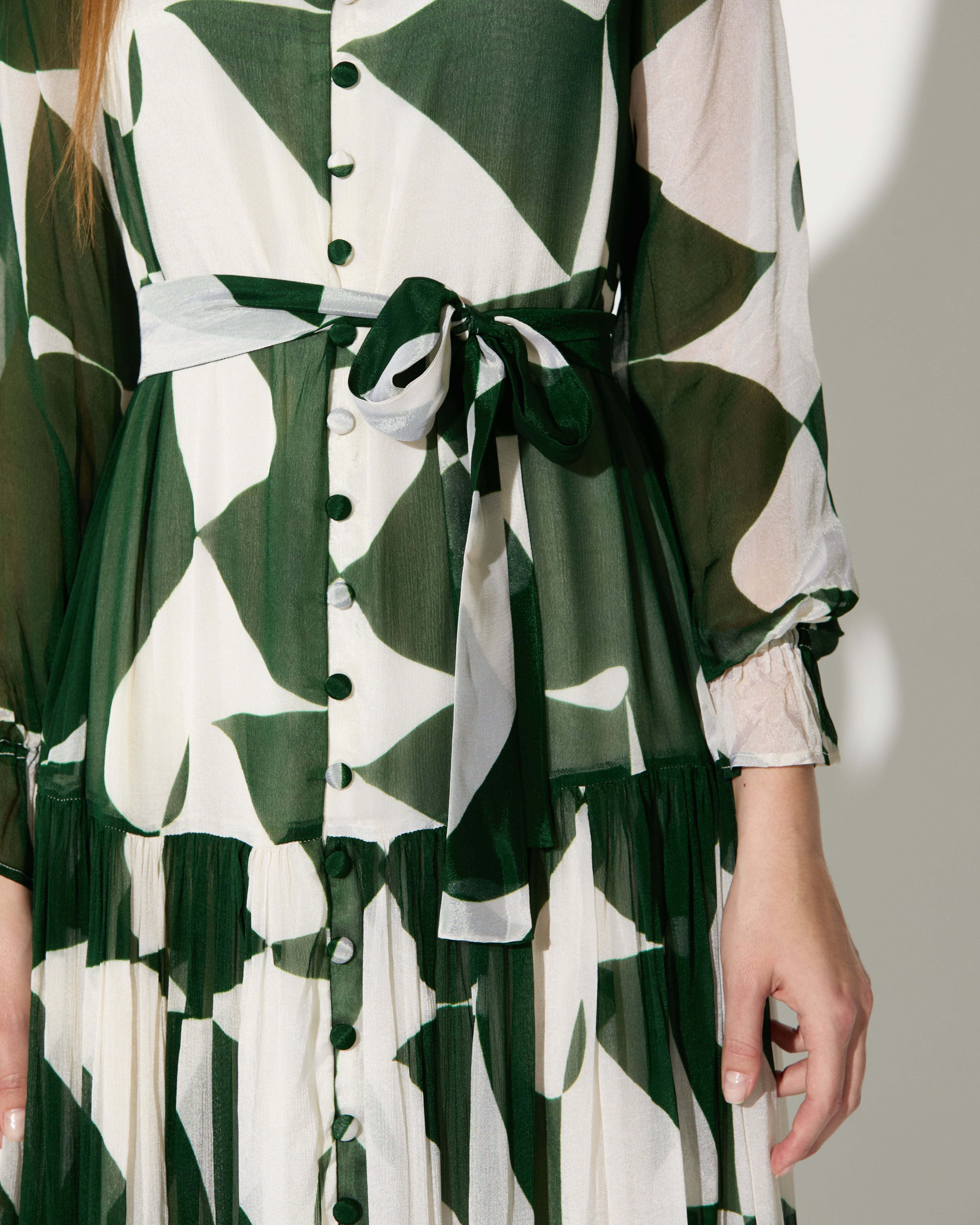GREEN AND WHITE ABSTRACT LONG DRESS