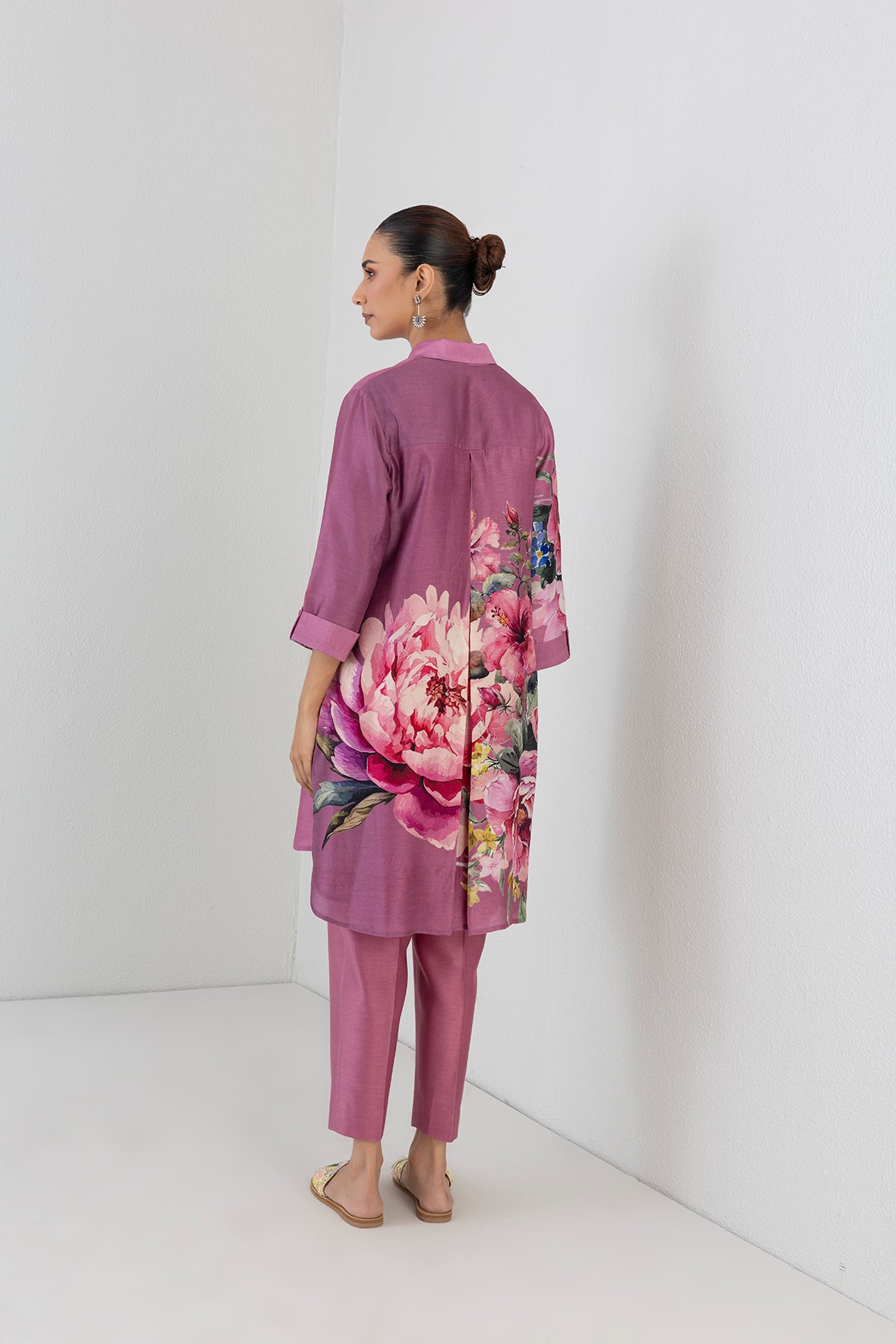 Blush Pink Dupion Peony Flower Printed Shirt