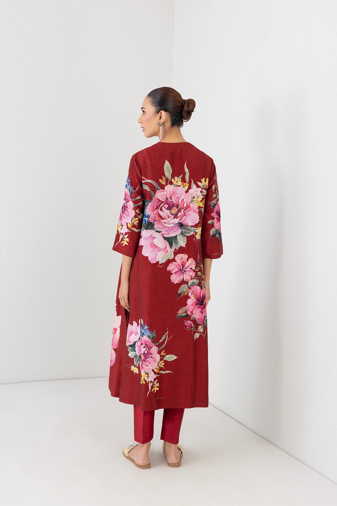 Poppy Blaze Red Dupion China Rose Printed Tunic