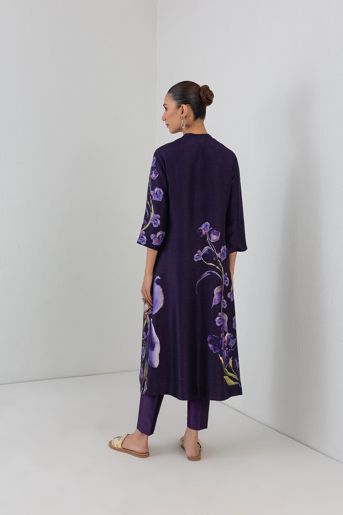 Eggplant Purple Dupion Iris Lily Printed Tunic