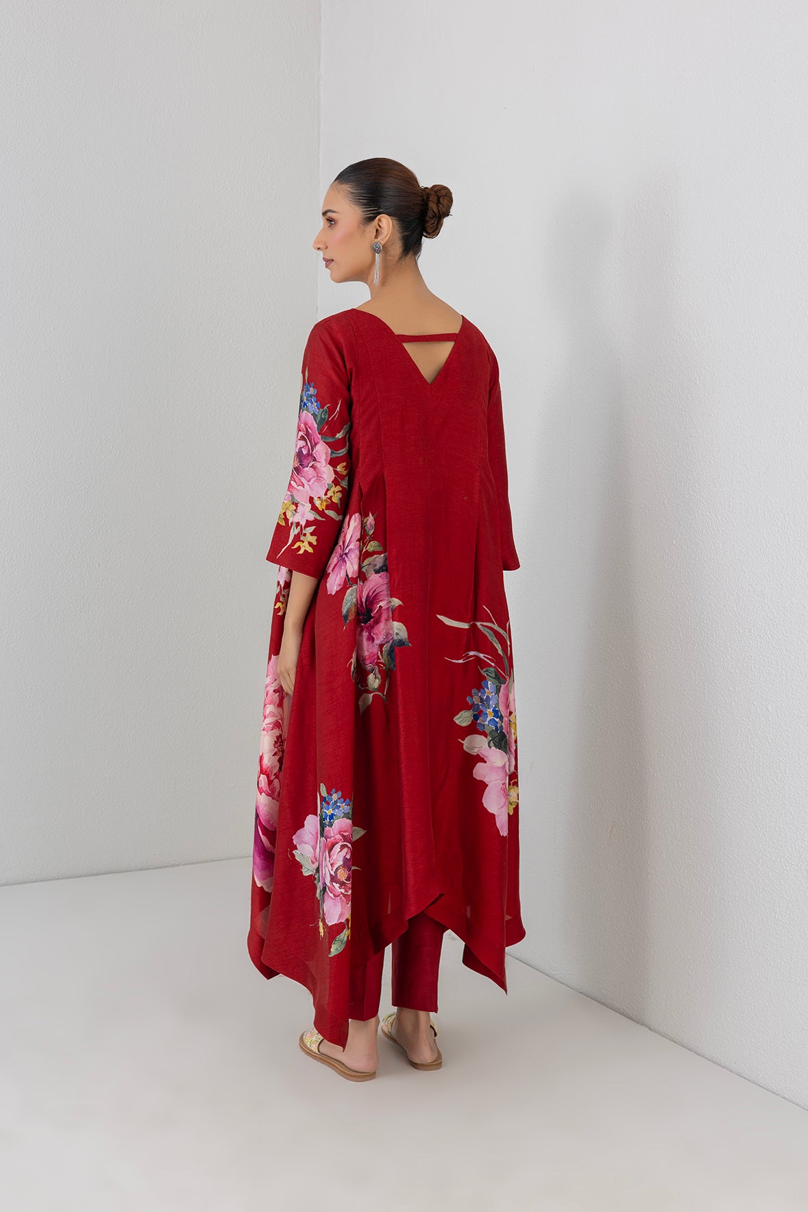 Crimson Flame Red Dupion China Rose Printed Dress