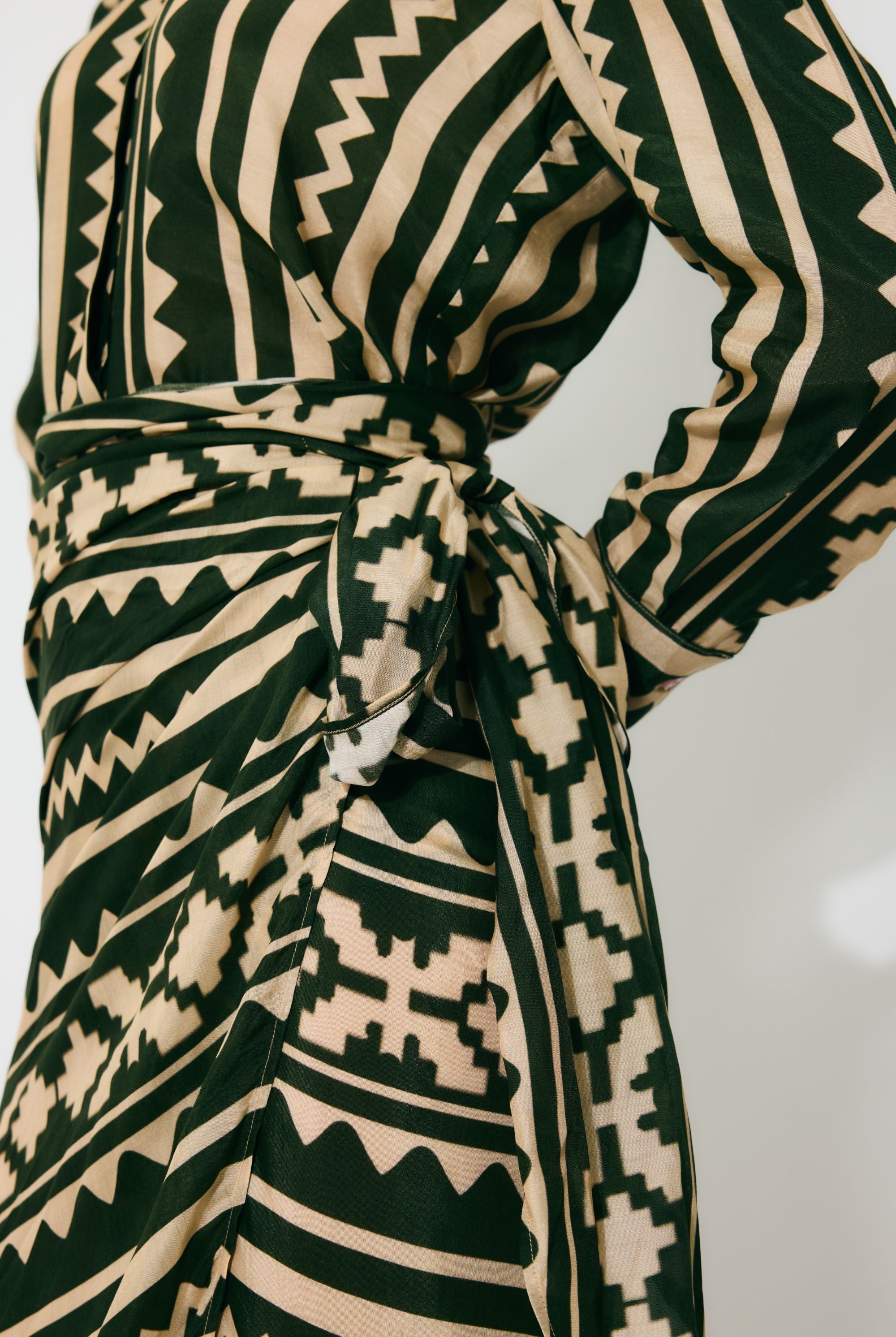 DARK GREEN AND CREAM PATTERN WRAP SKIRT