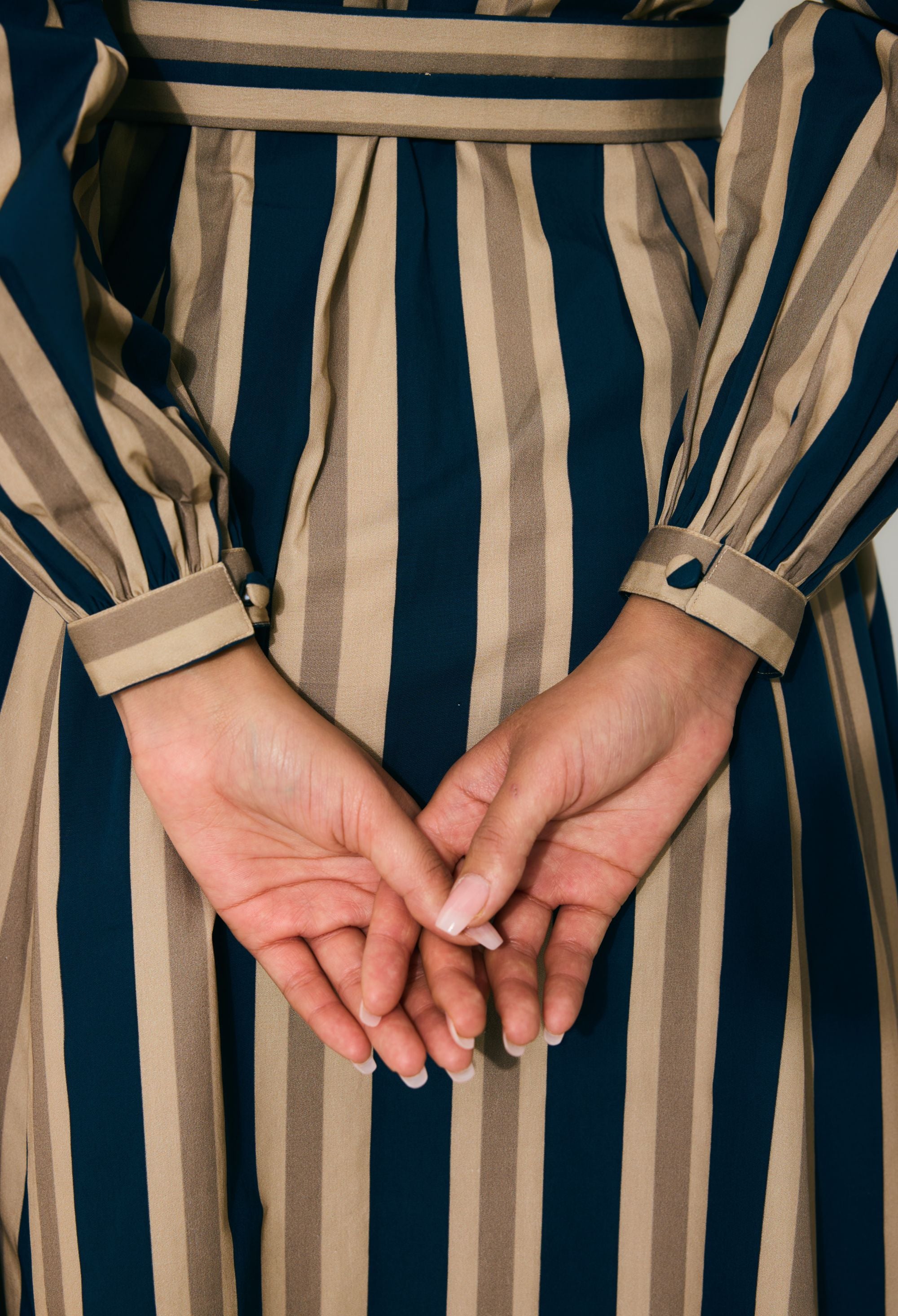 DARK BLUE,BEIGE AND WHITE STRIPE SHIRT DRESS