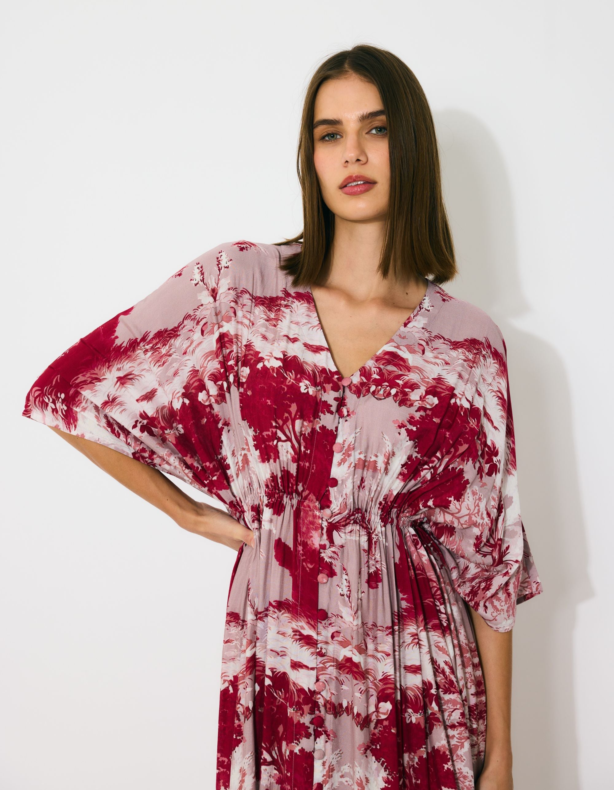 PEACH, RED AND CREAM TOILE PRINT KAFTAN DRESS