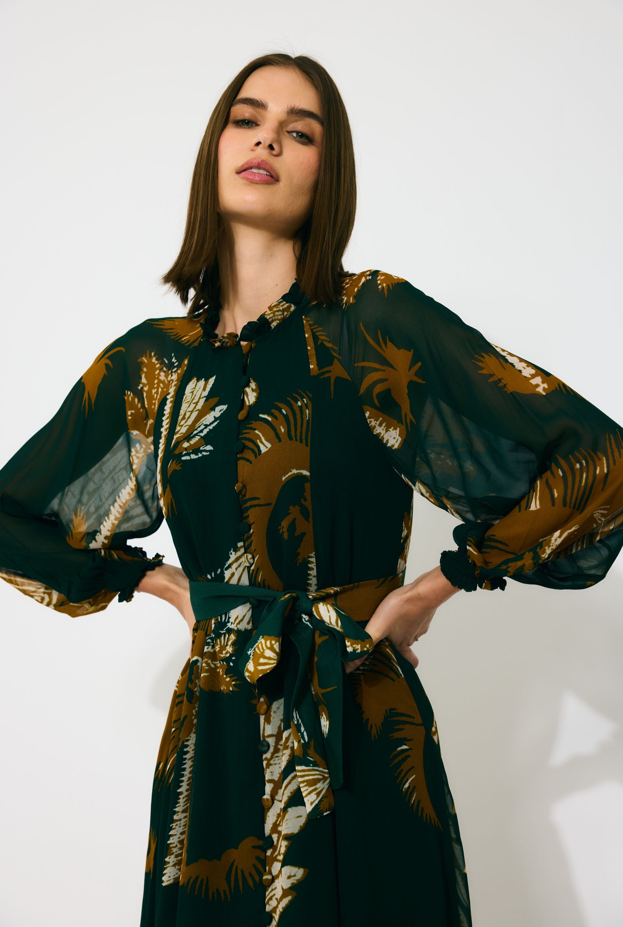 DARK GREEN AND MUSTARD FLORAL MIDI DRESS