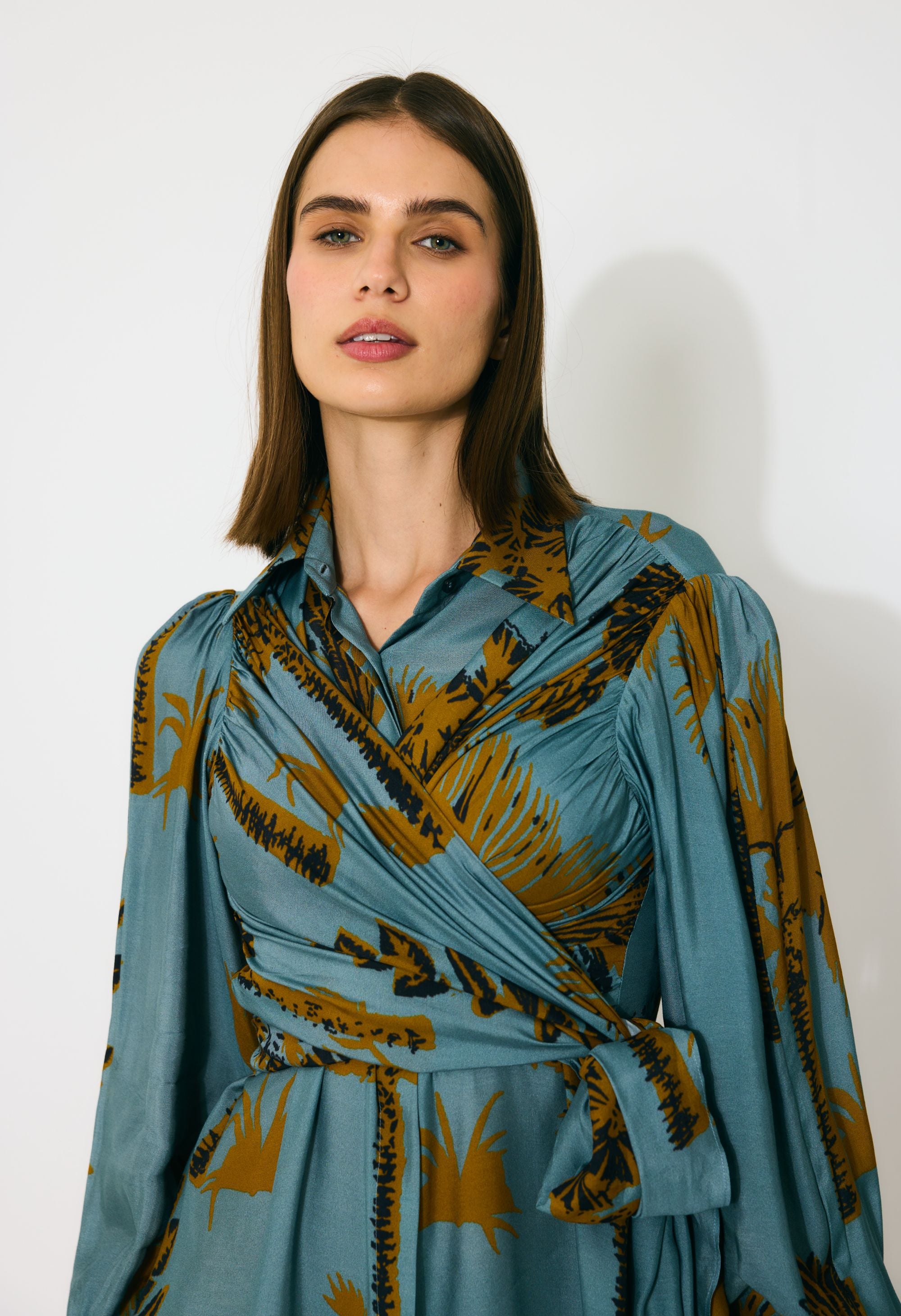 SKY BLUE AND MUSTARD FLORAL WRAP SHIRT DRESS