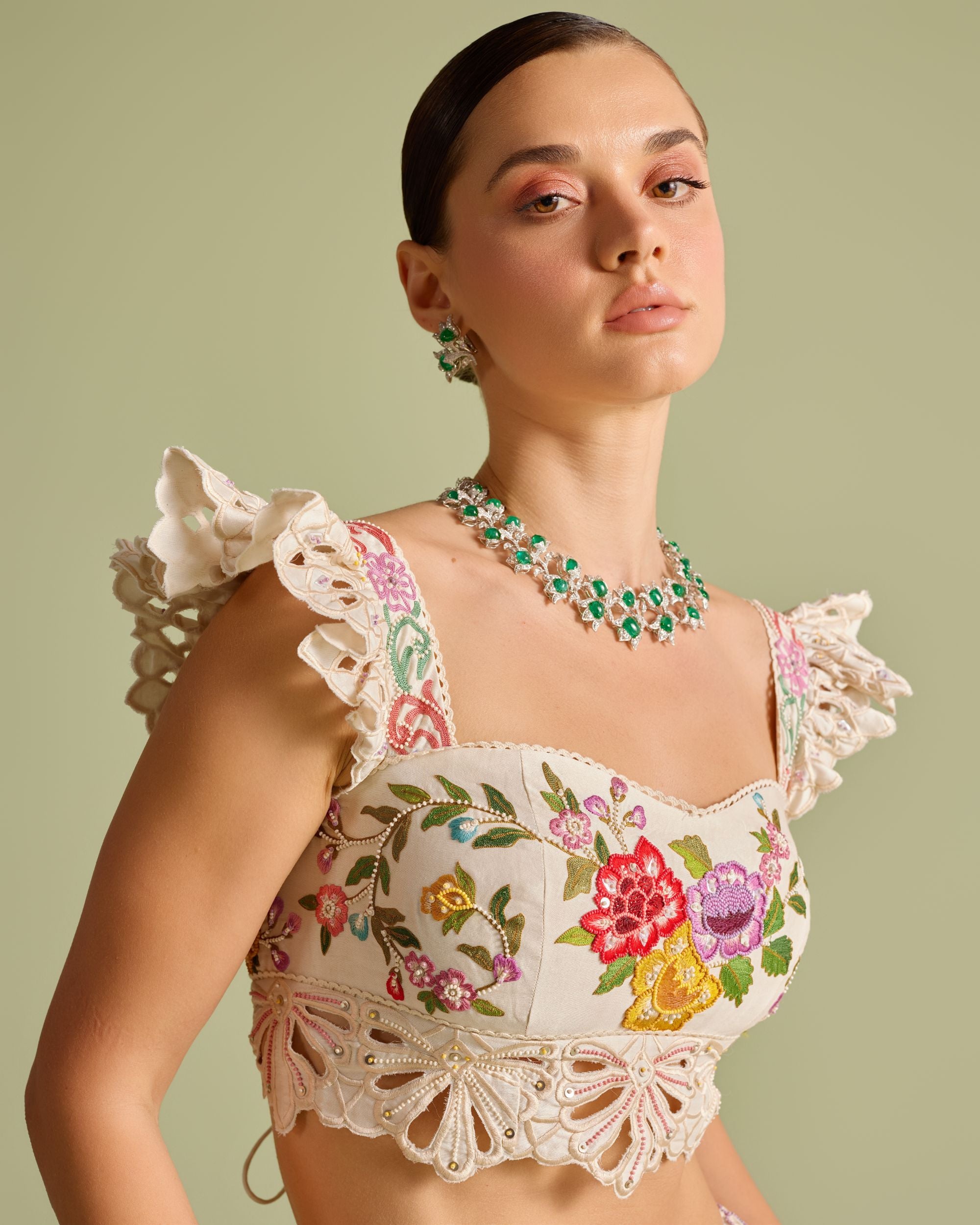 Ivory Multicolour Floral Embroidered Bustier