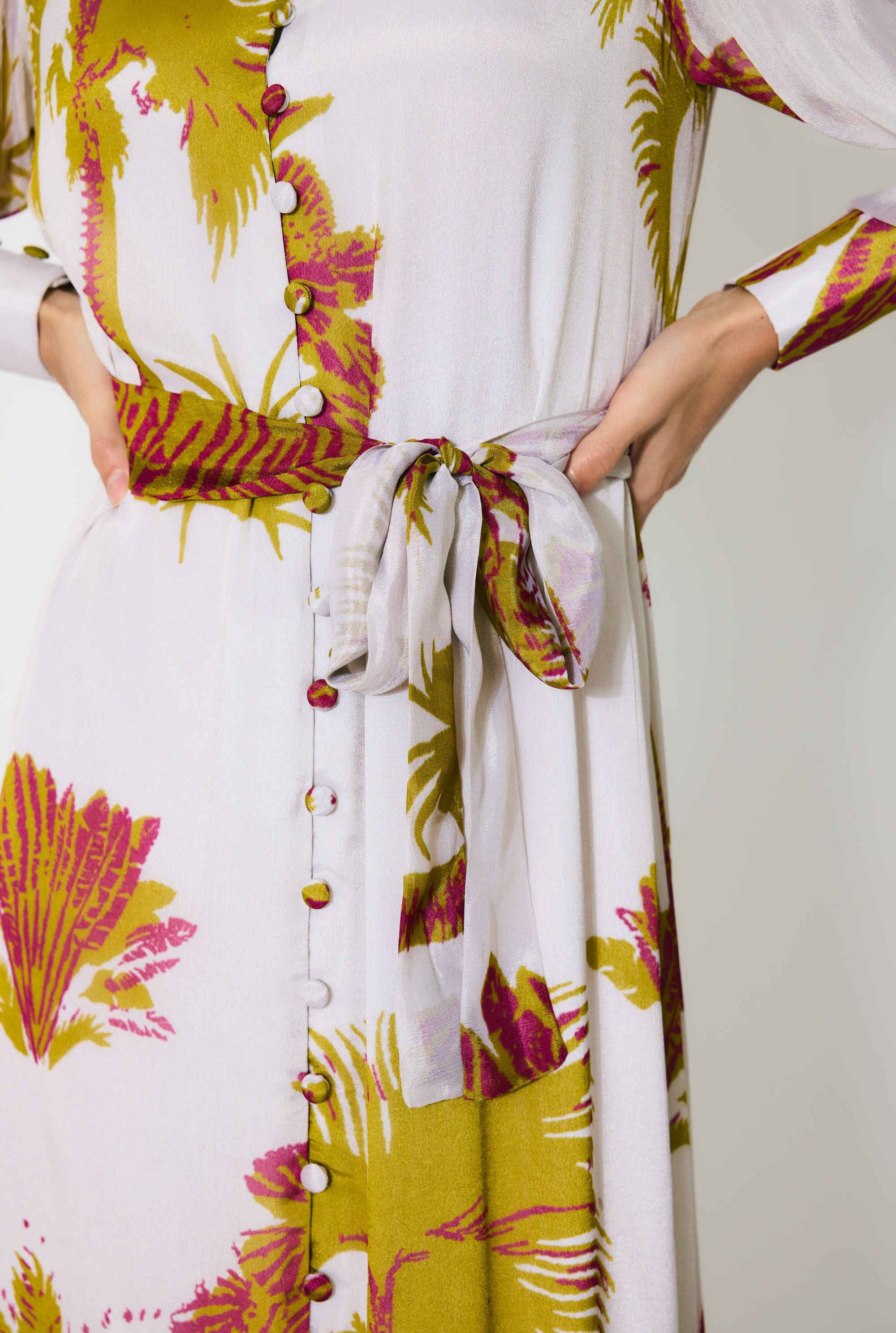 BEIGE, MUSTARD AND HOT PINK FLORAL LONG DRESS