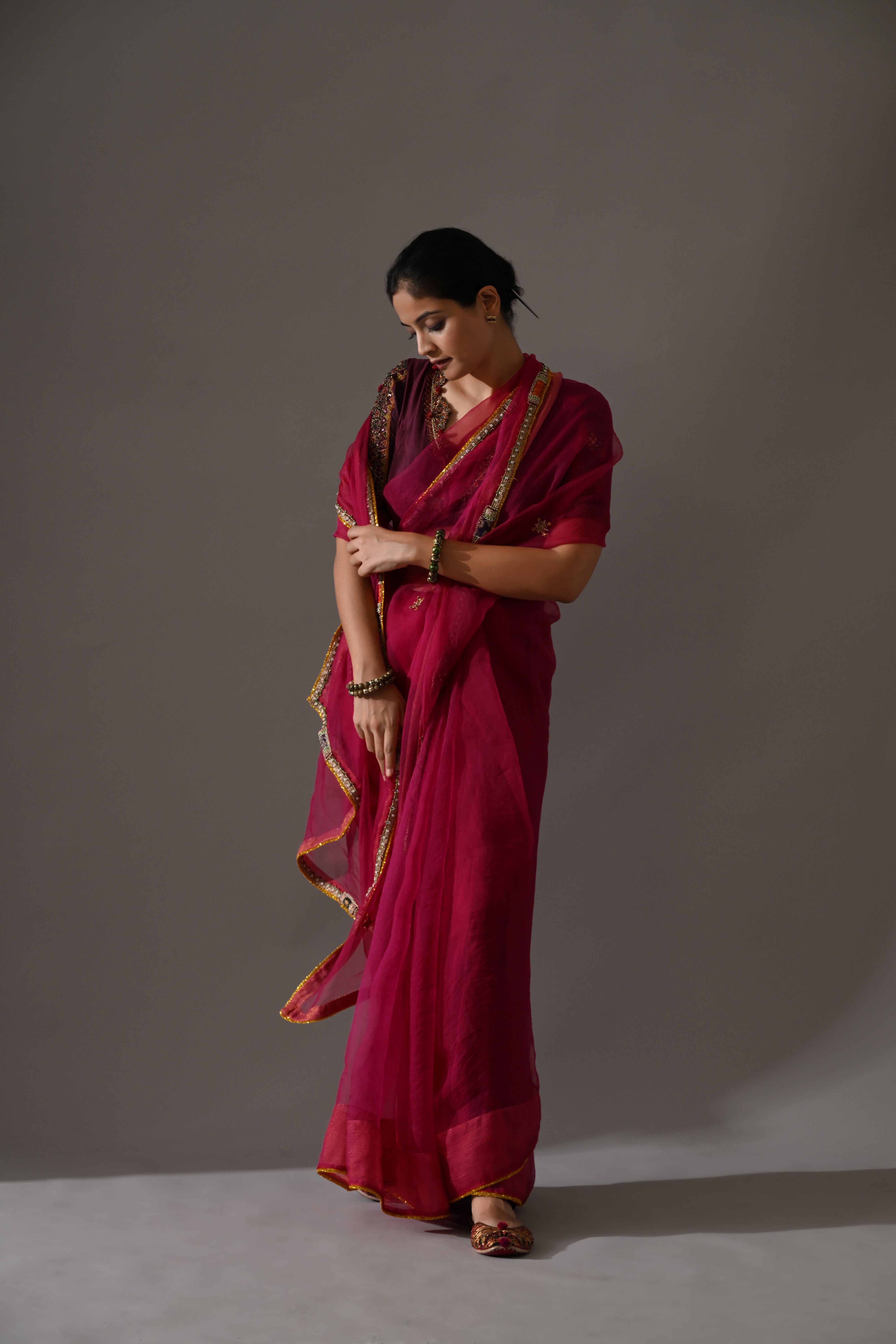 Purple Pink Hand Embroidered Saree Set