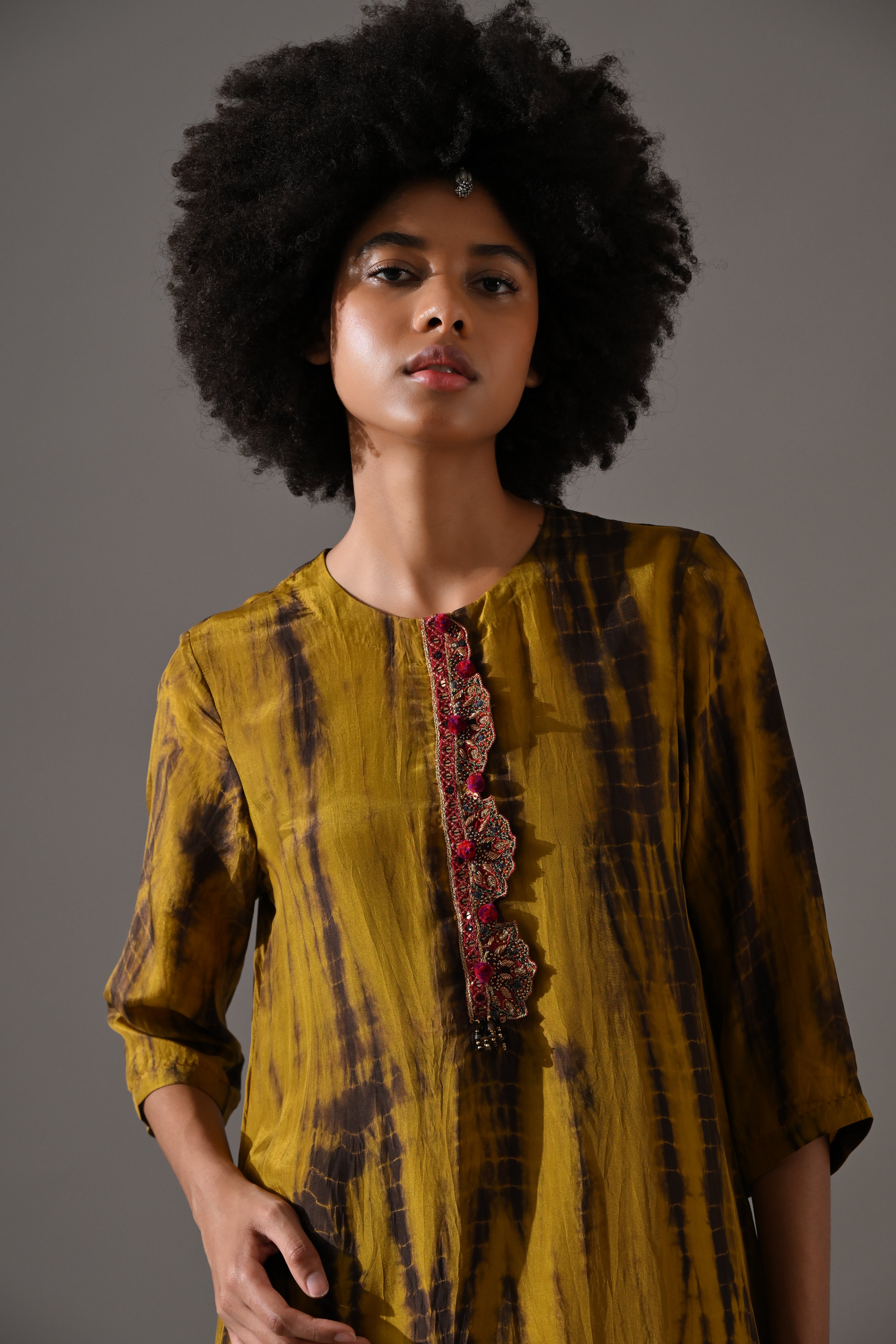 Mustard Tie Dye Embroidered Kurta Set