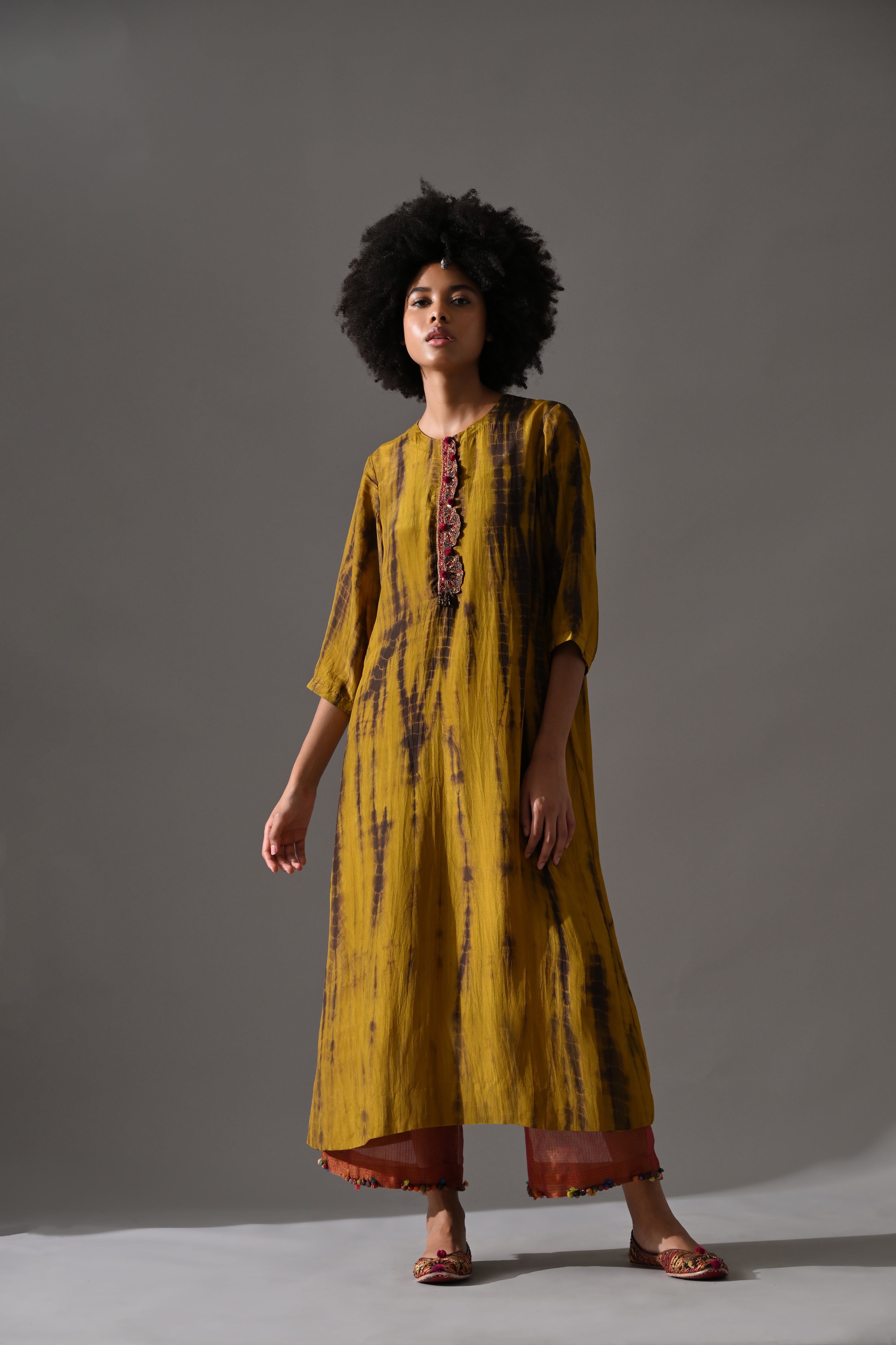 Mustard Tie Dye Embroidered Kurta Set