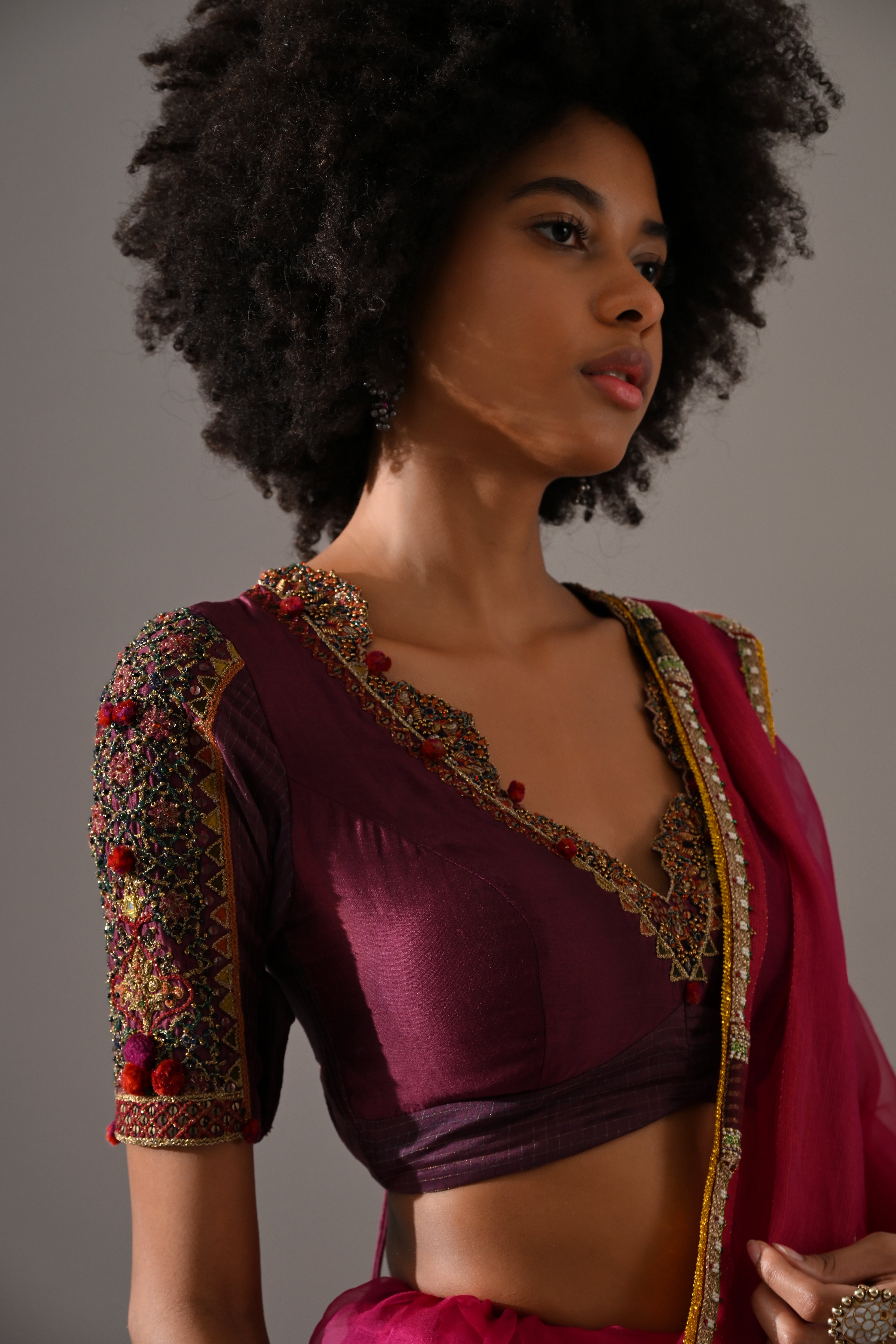 Purple Pink Hand Embroidered Saree Set