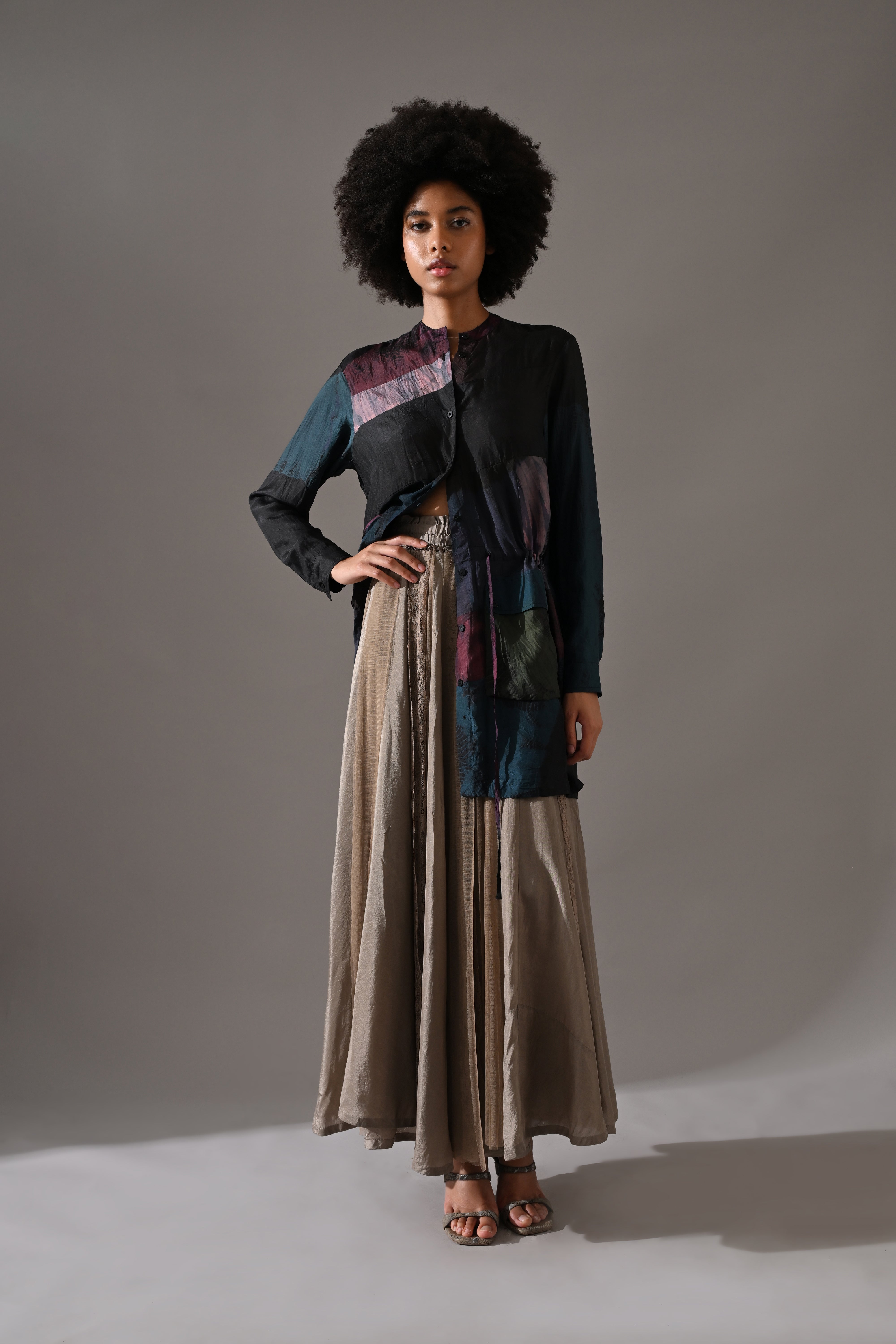 Beige Multi Patchwork and Placement Tie Dye Skirt Set