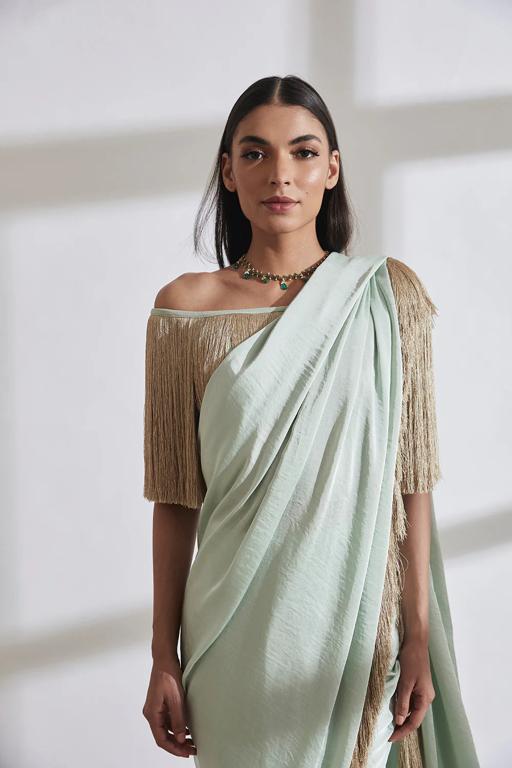 Noor Fringe Sari with Off Shoulder Fringe Top