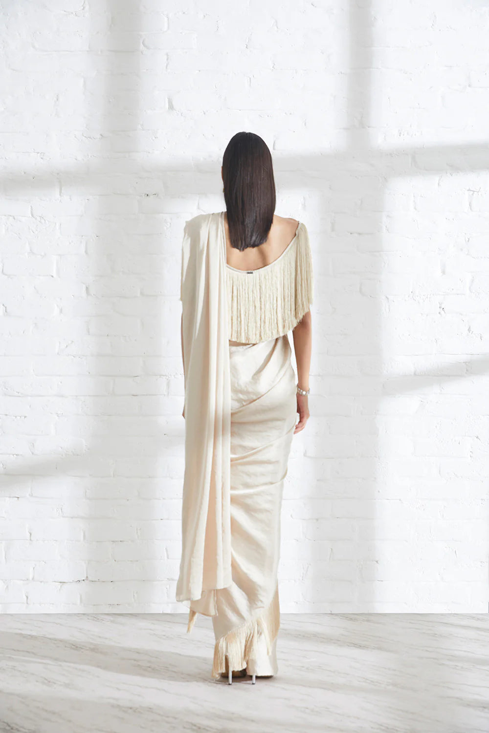 Champagne Noor Fringe Sari with Erica Fringe Top