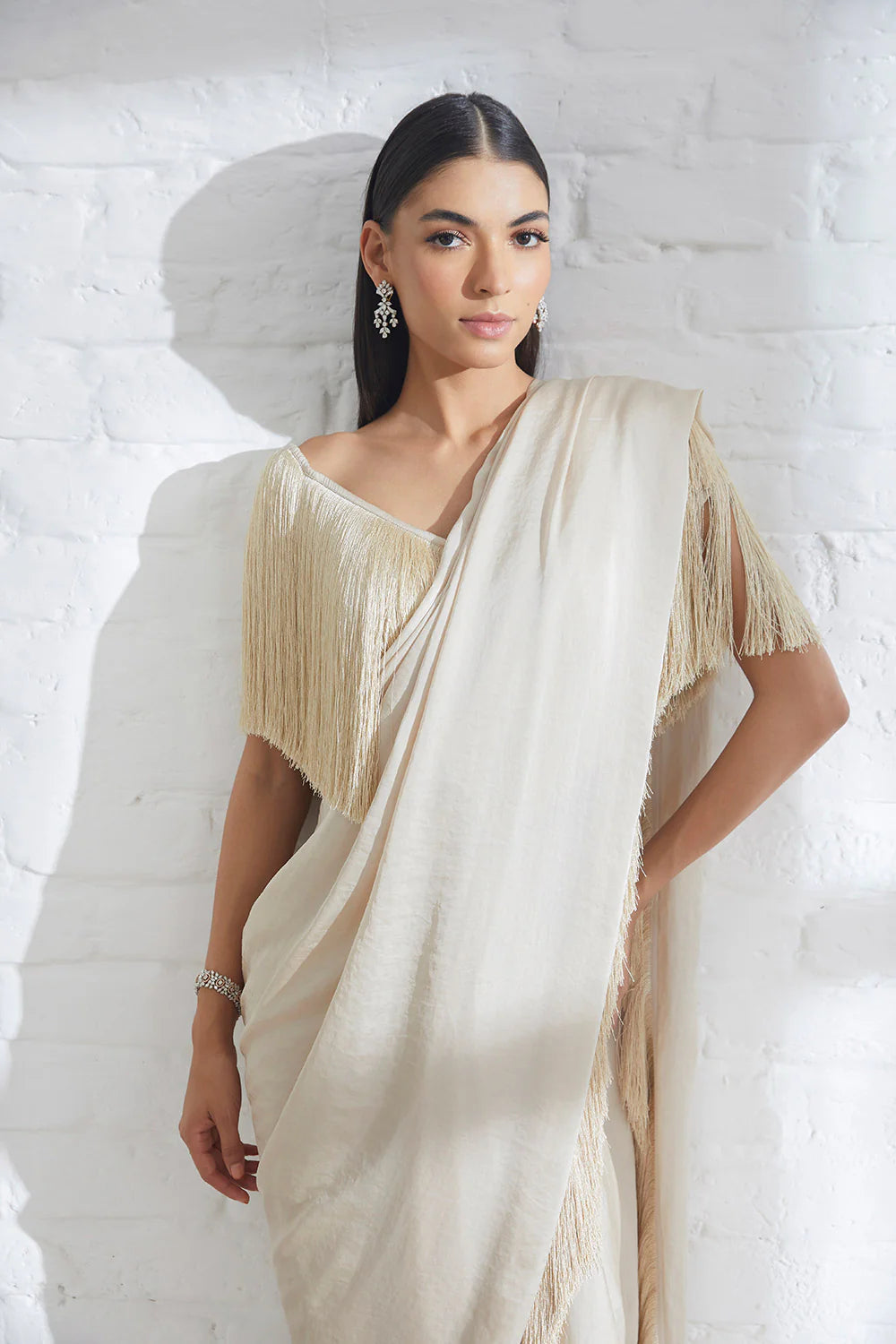 Champagne Noor Fringe Sari with Erica Fringe Top