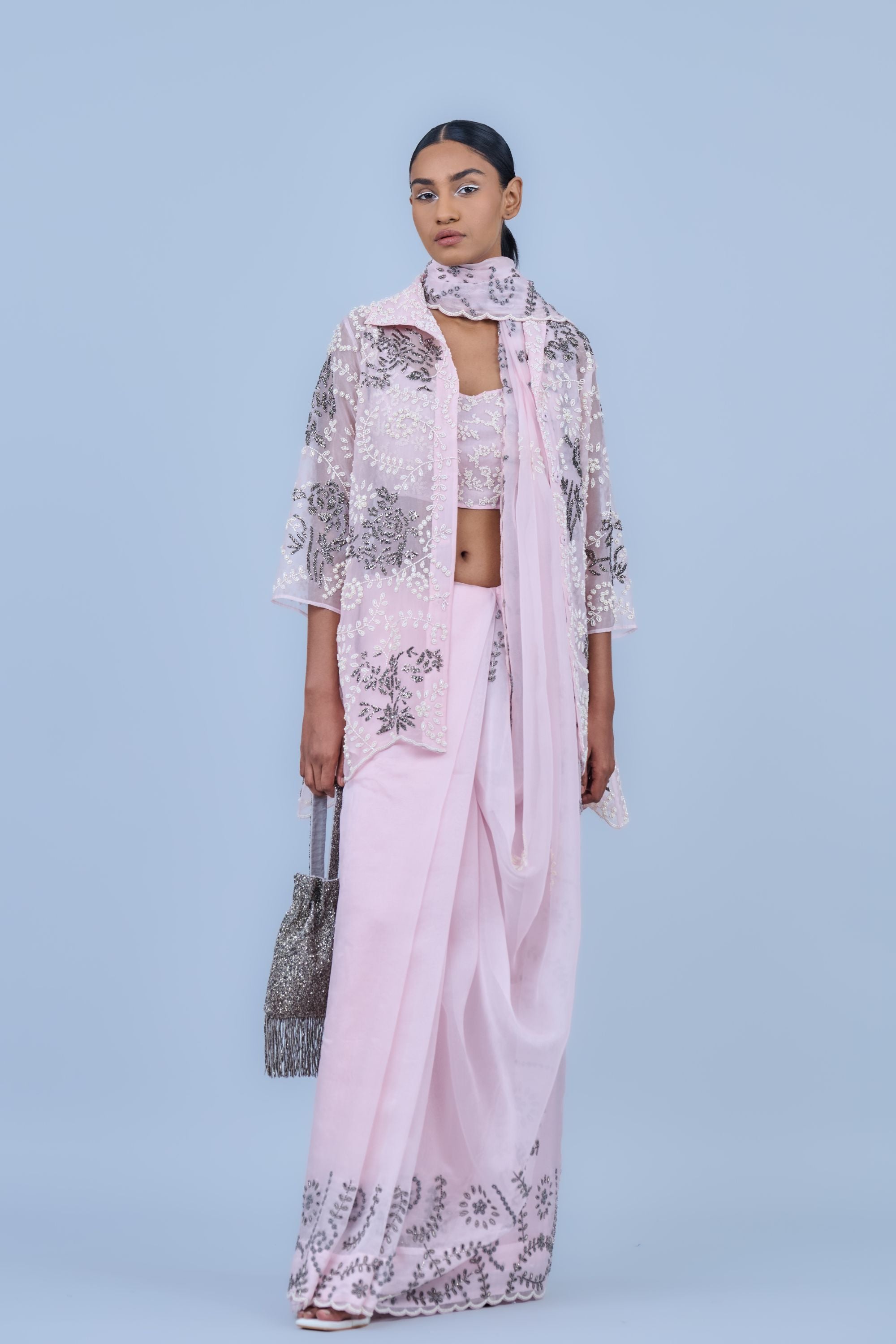 Powder  Slv Ec Silk Organza Sari
