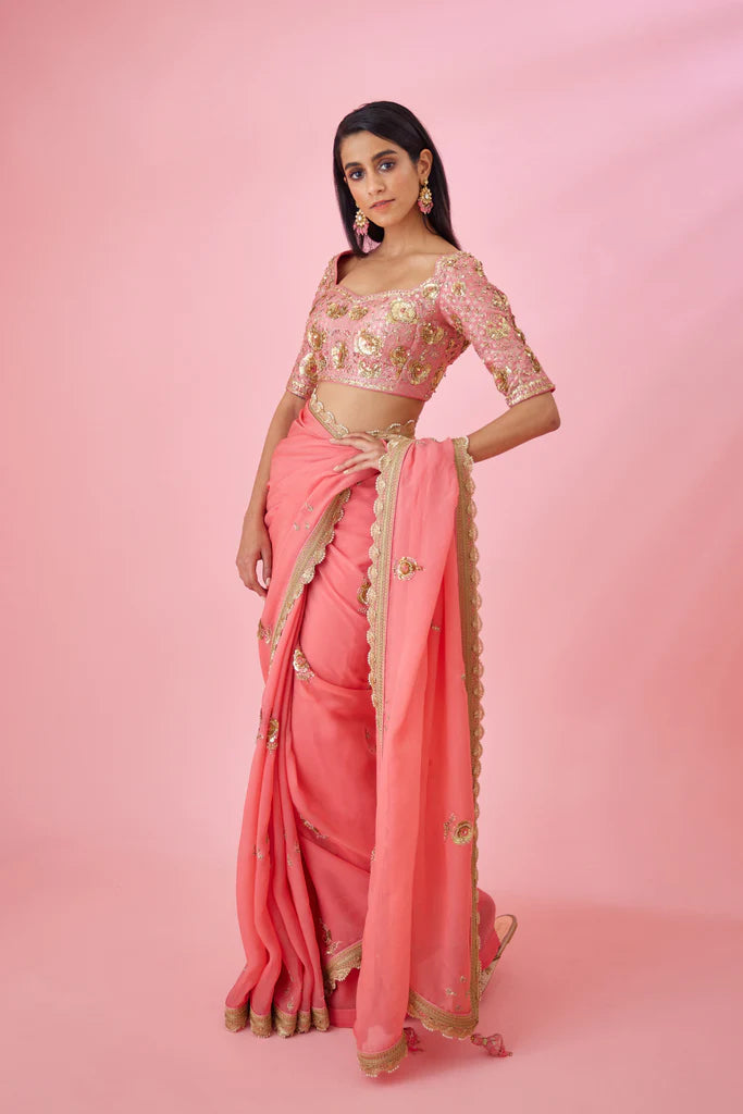 Coral Pink Saree Set