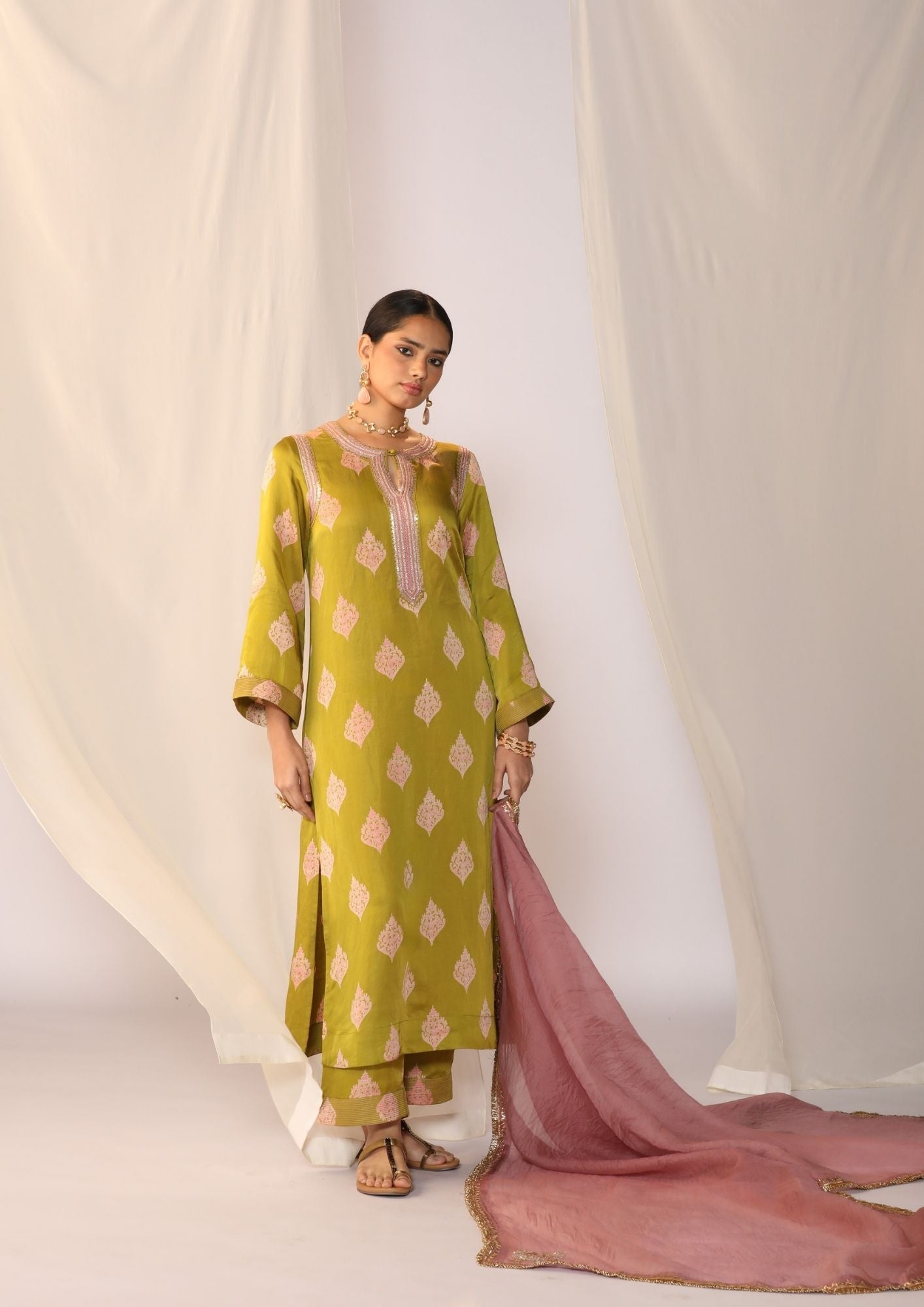 Block Printed Satin Kurta Set With Organza Dupatta