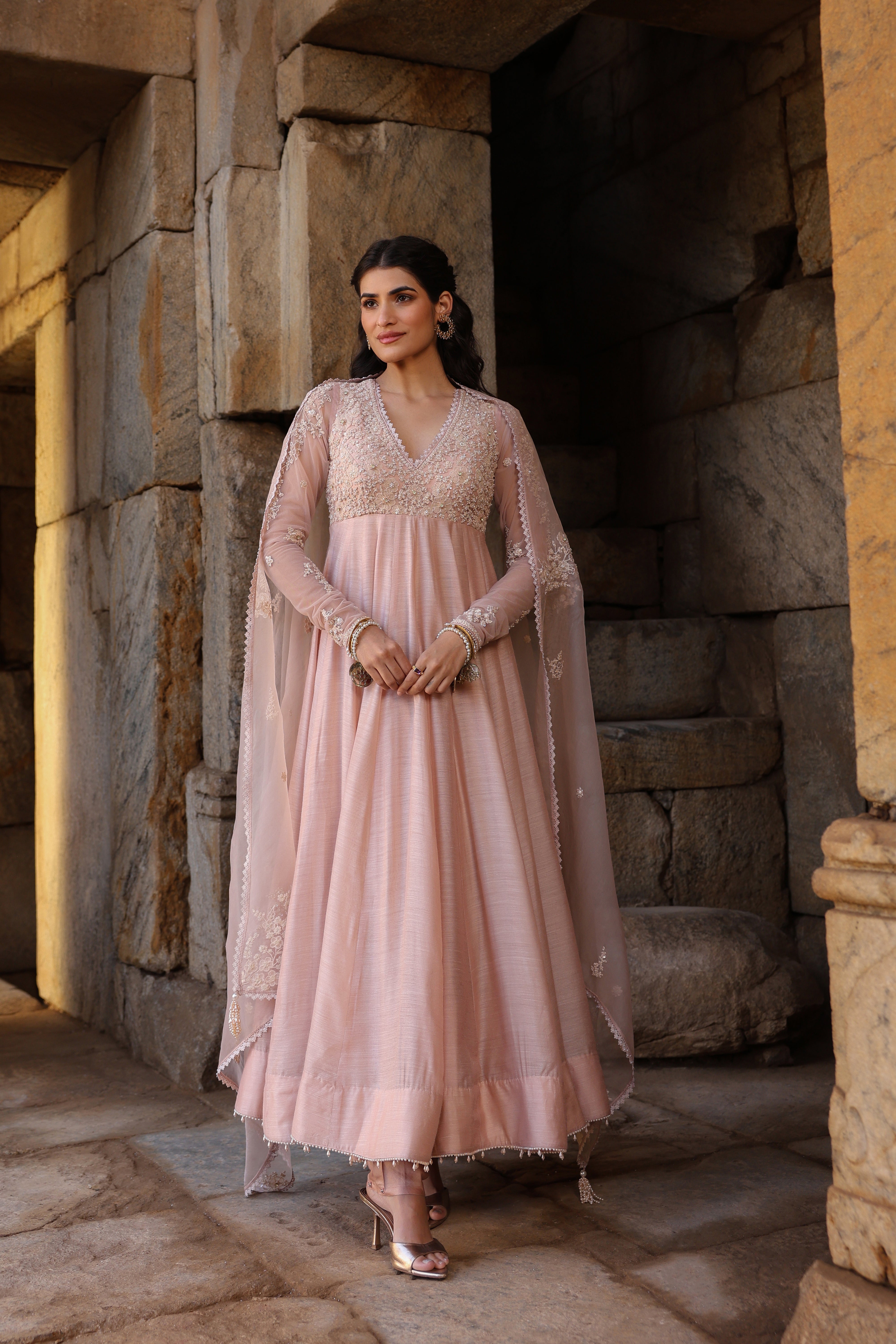 Vaayu Light Pink Applique Kalidar Set