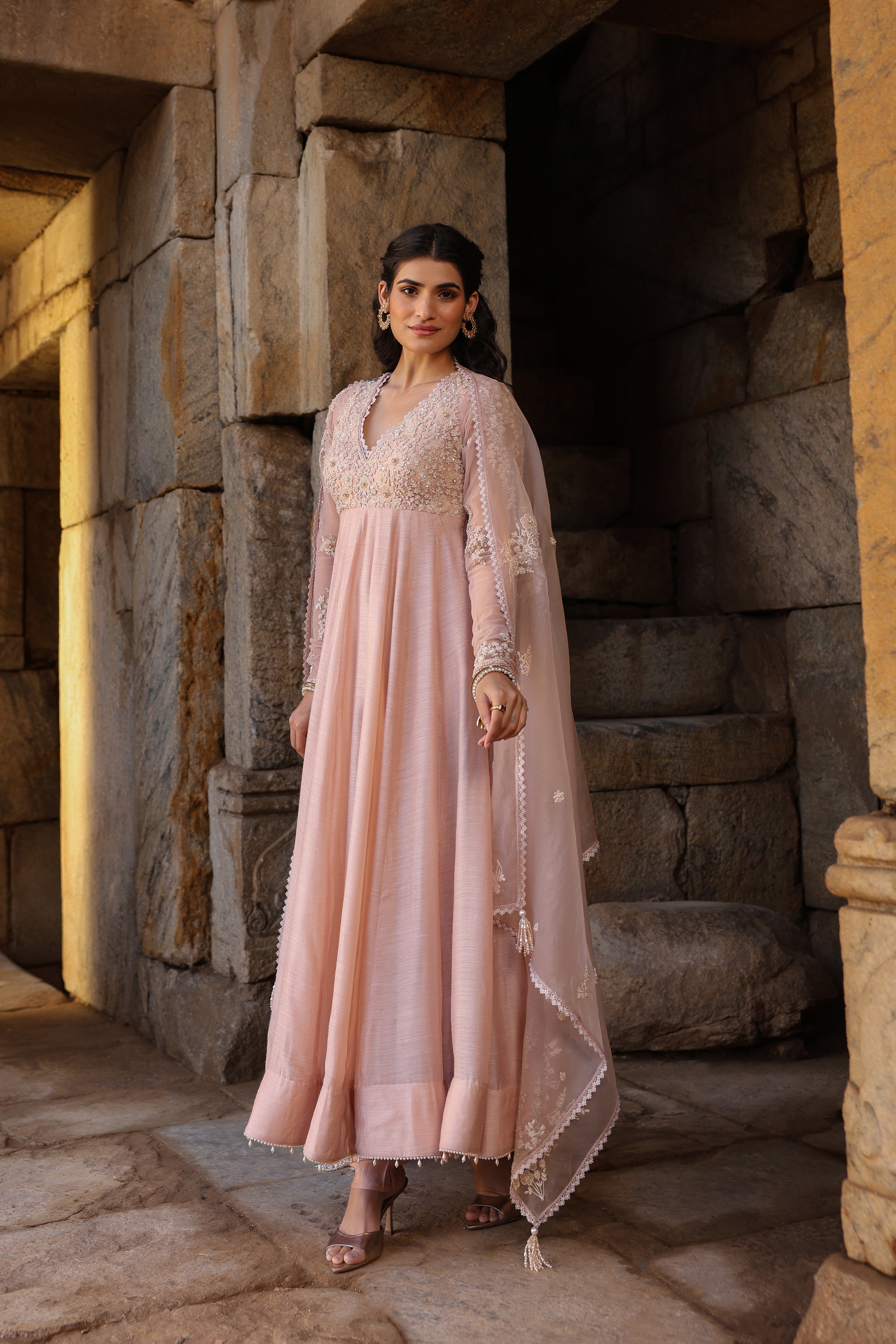 Vaayu Light Pink Applique Kalidar Set
