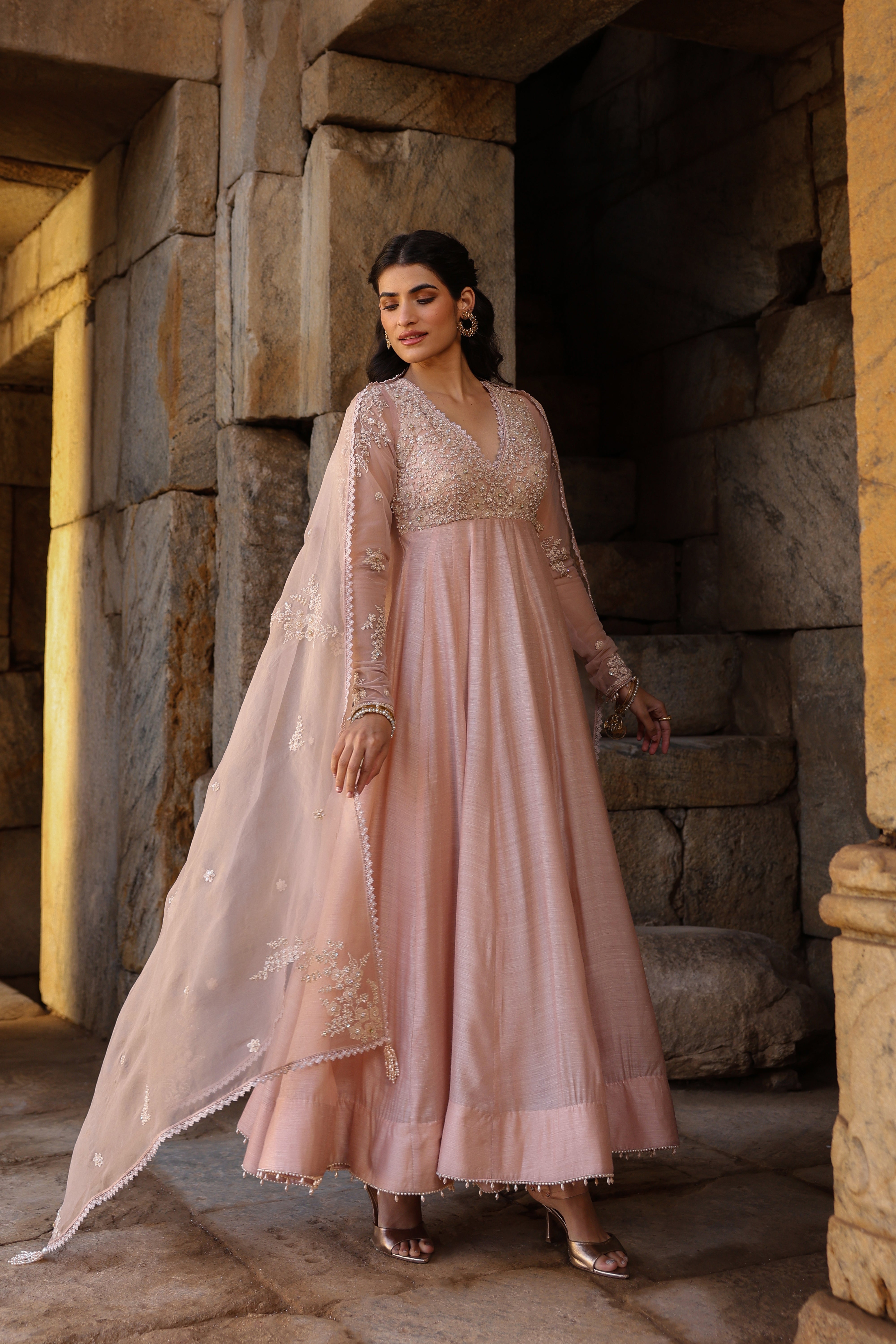 Vaayu Light Pink Applique Kalidar Set