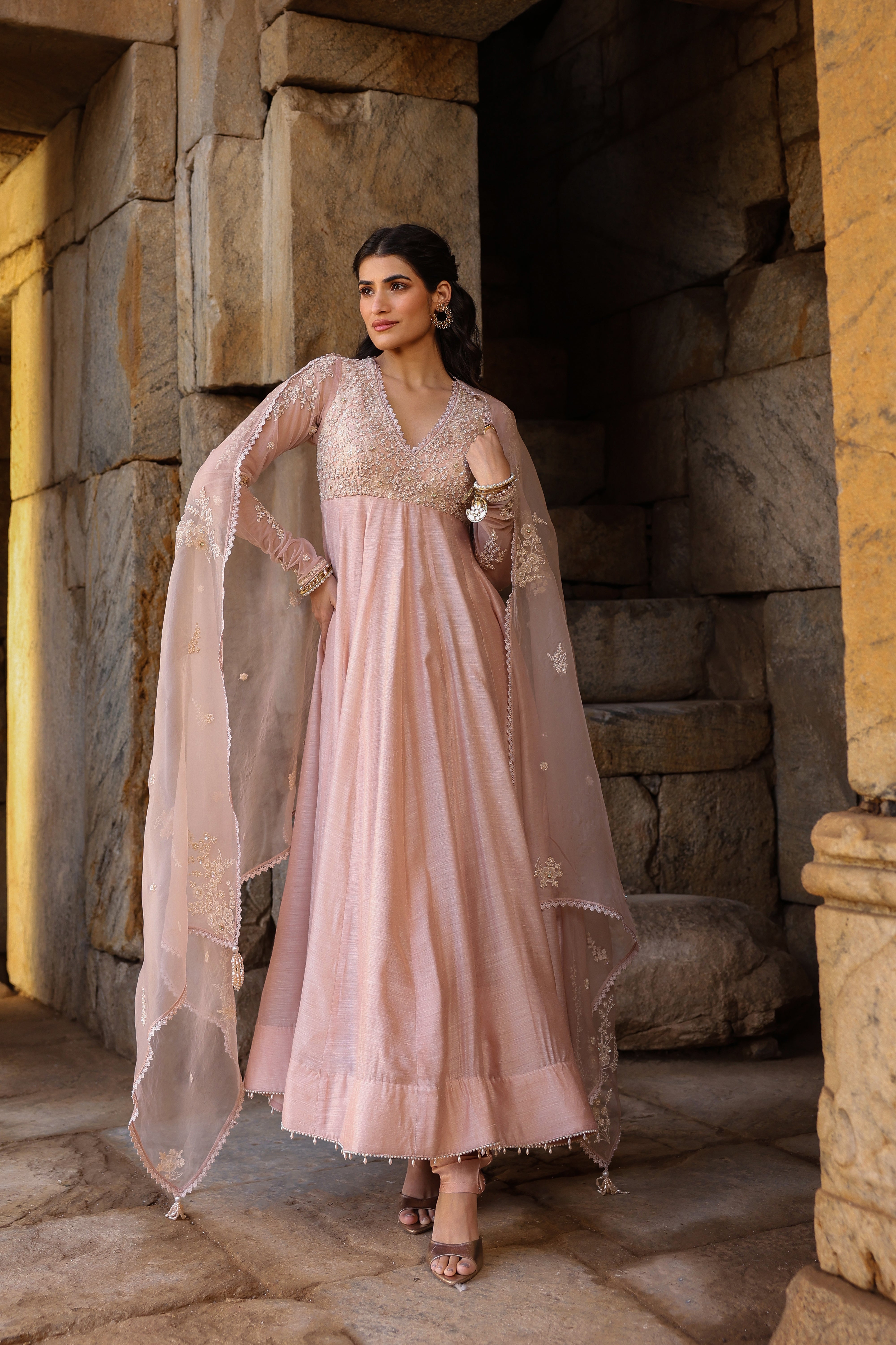Vaayu Light Pink Applique Kalidar Set