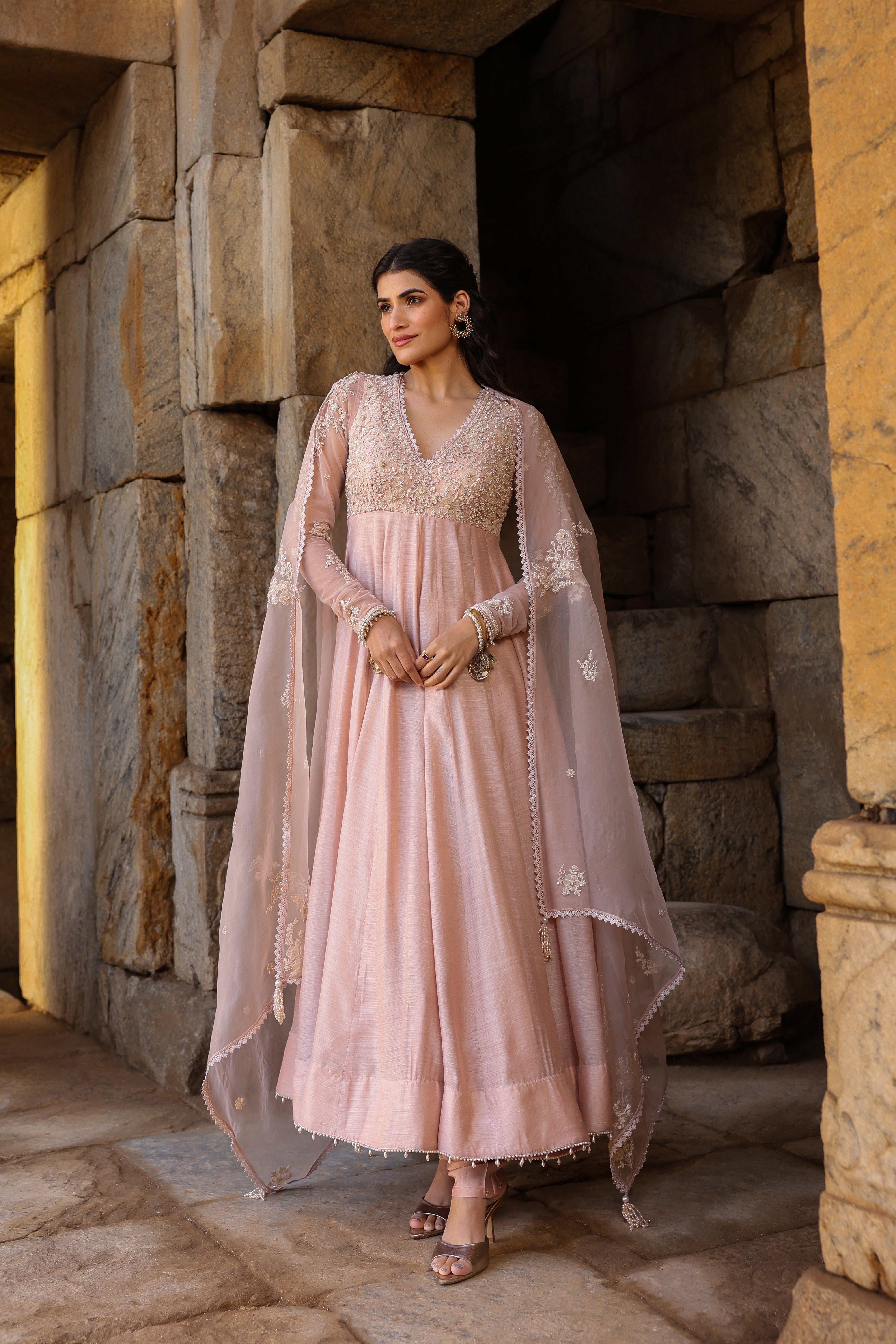 Vaayu Light Pink Applique Kalidar Set