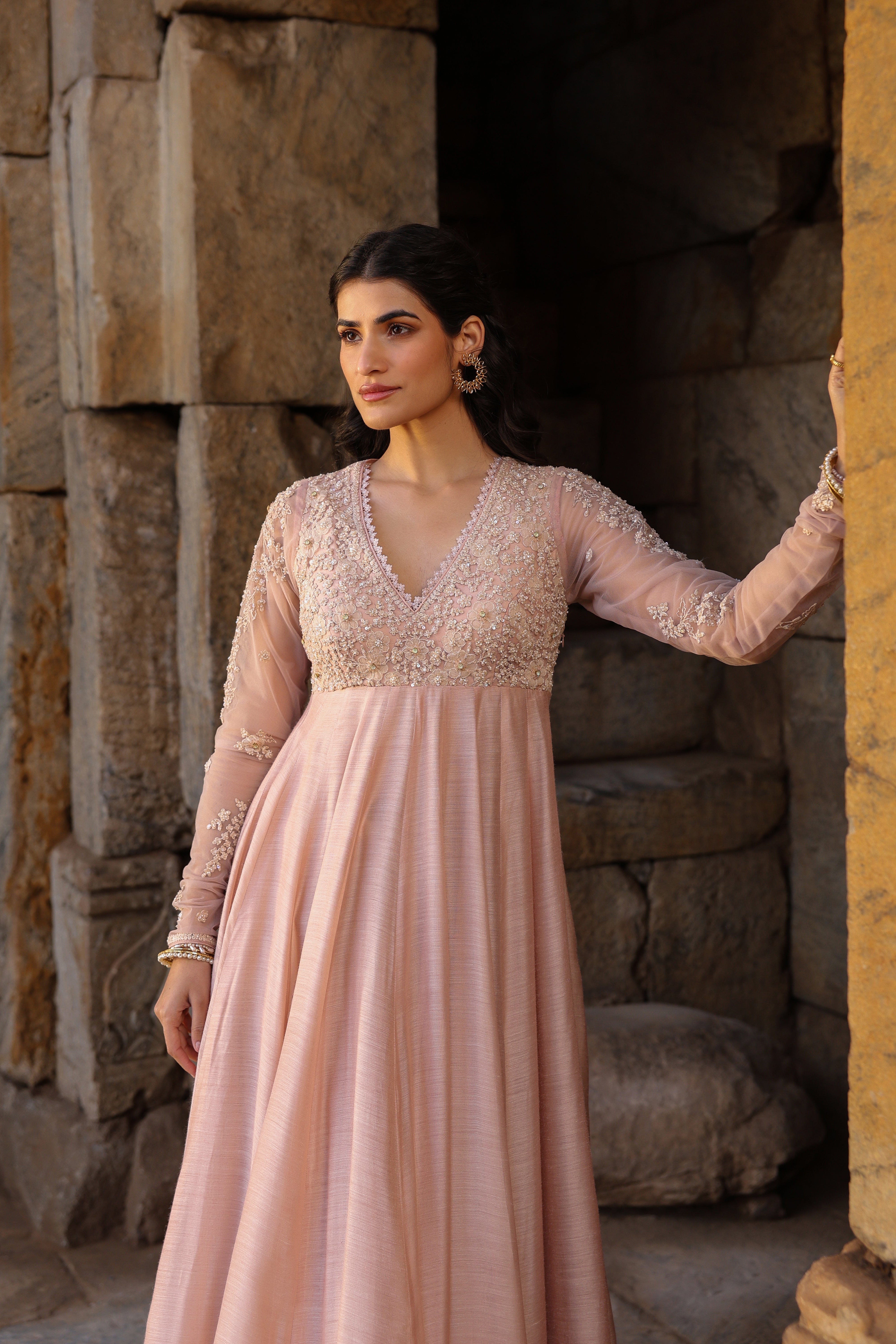 Vaayu Light Pink Applique Kalidar Set