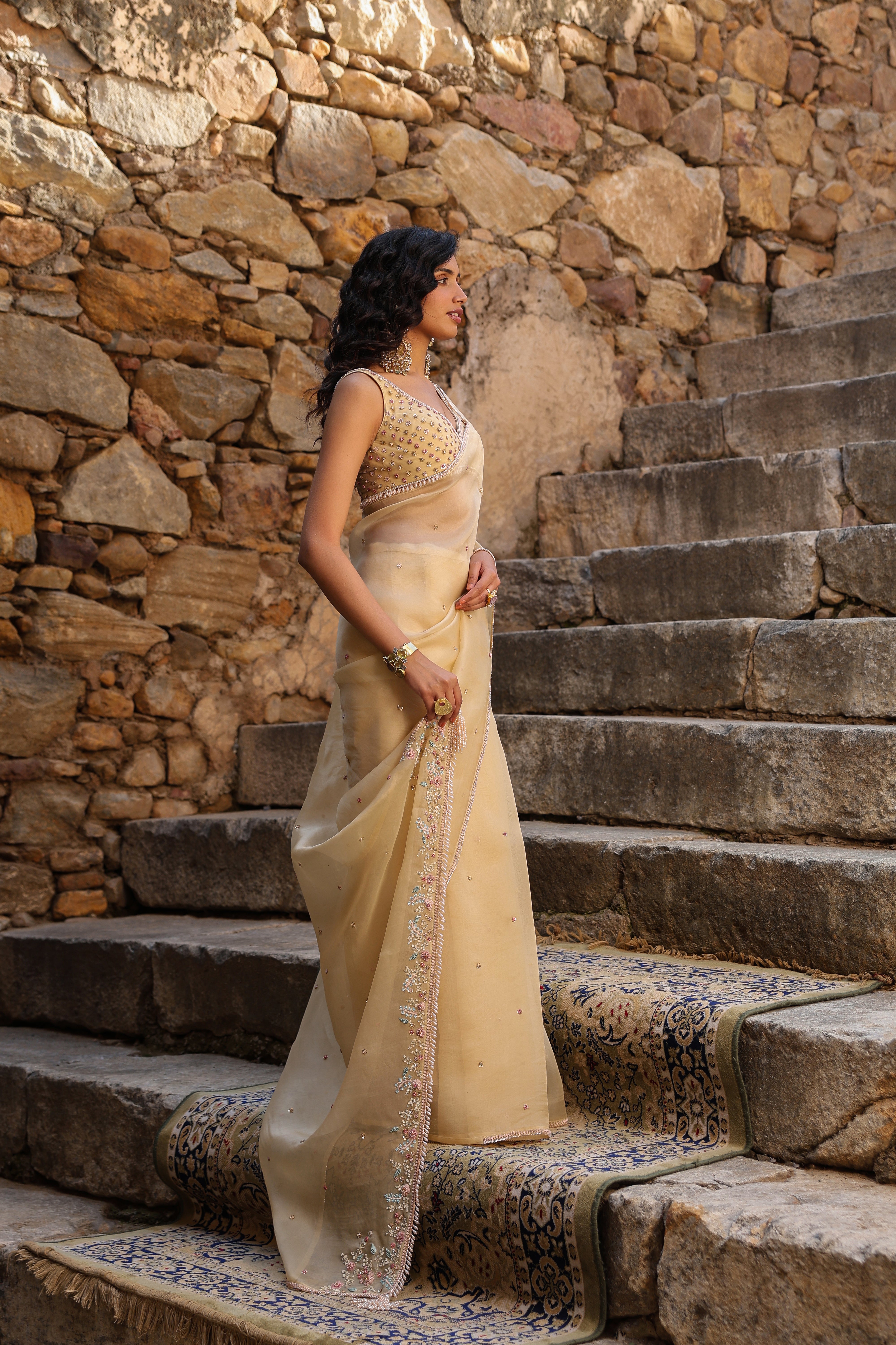 Vaayu Beige Multicolor Butti Saree Set