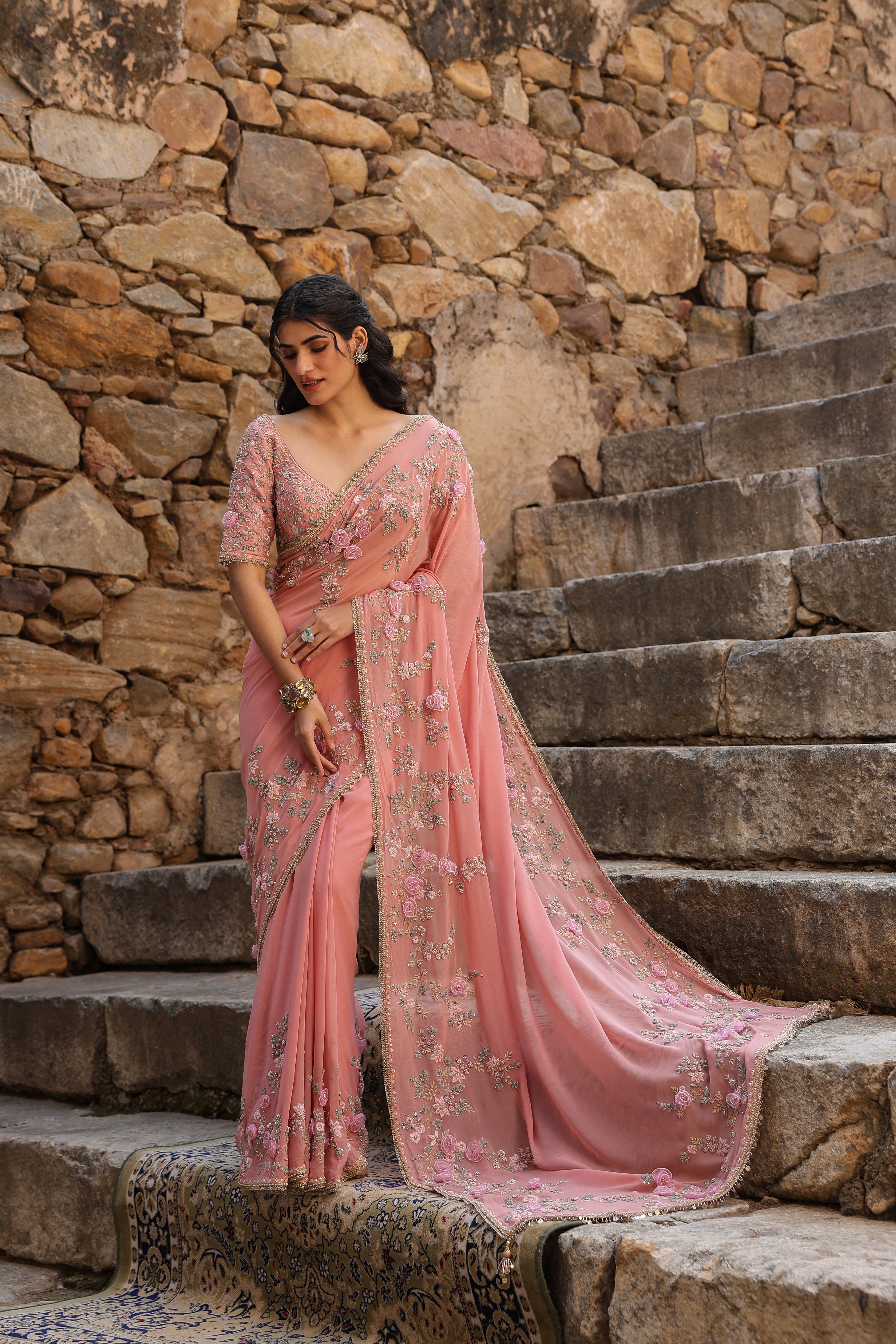 Vaayu Pink Jaal Saree Set
