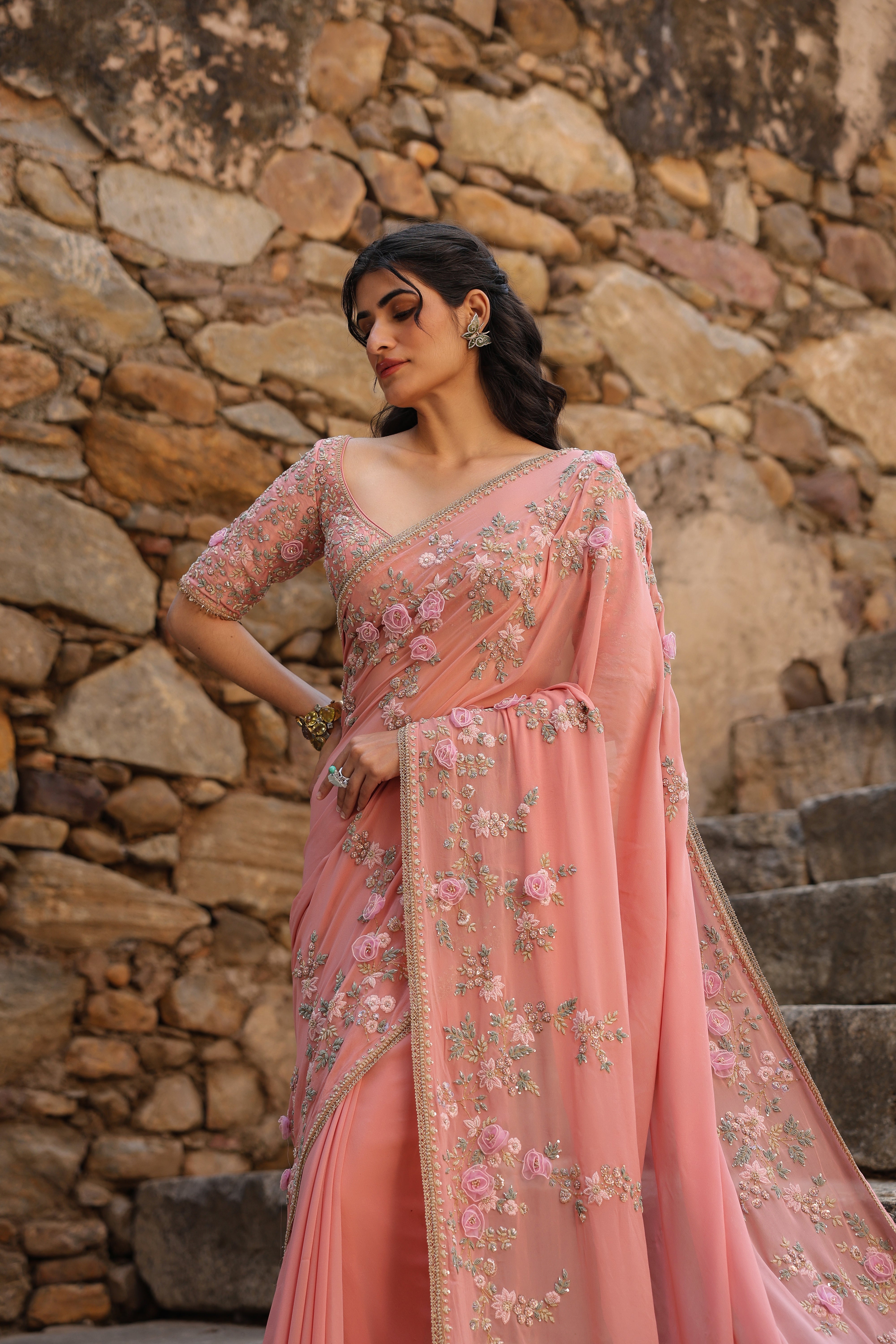 Vaayu Pink Jaal Saree Set