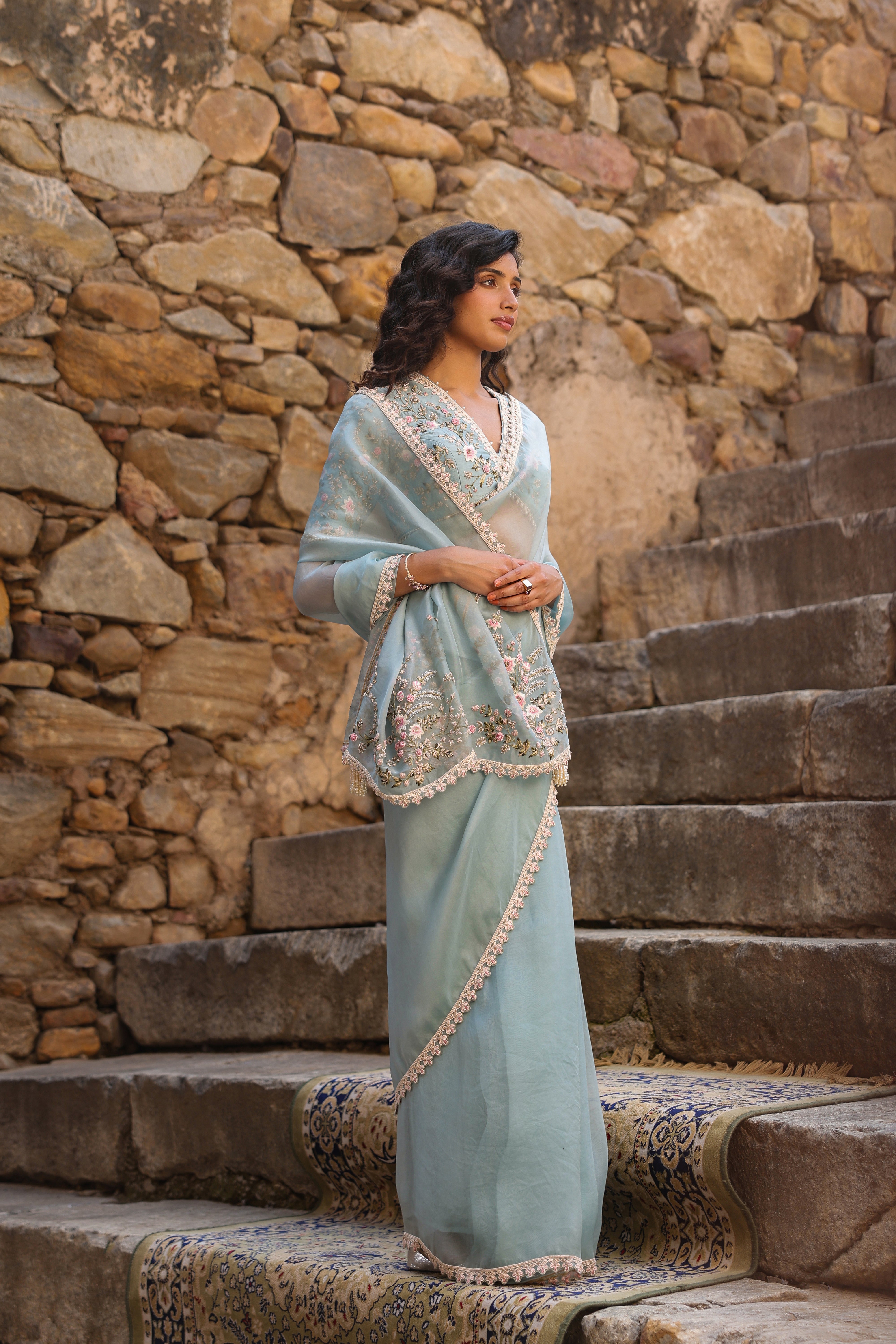 Vaayu Light Blue Phool Patti Saree Set