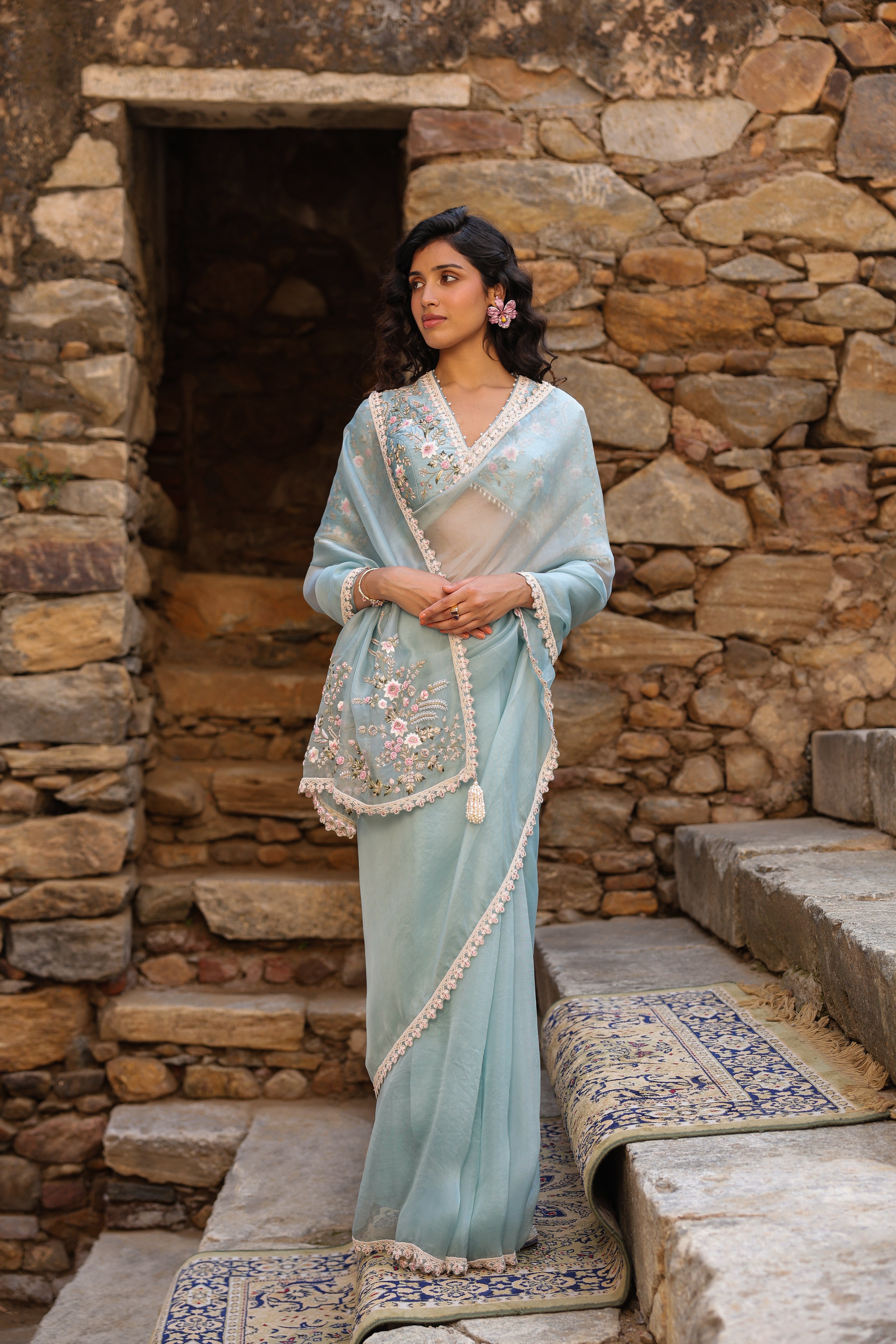 Vaayu Light Blue Phool Patti Saree Set
