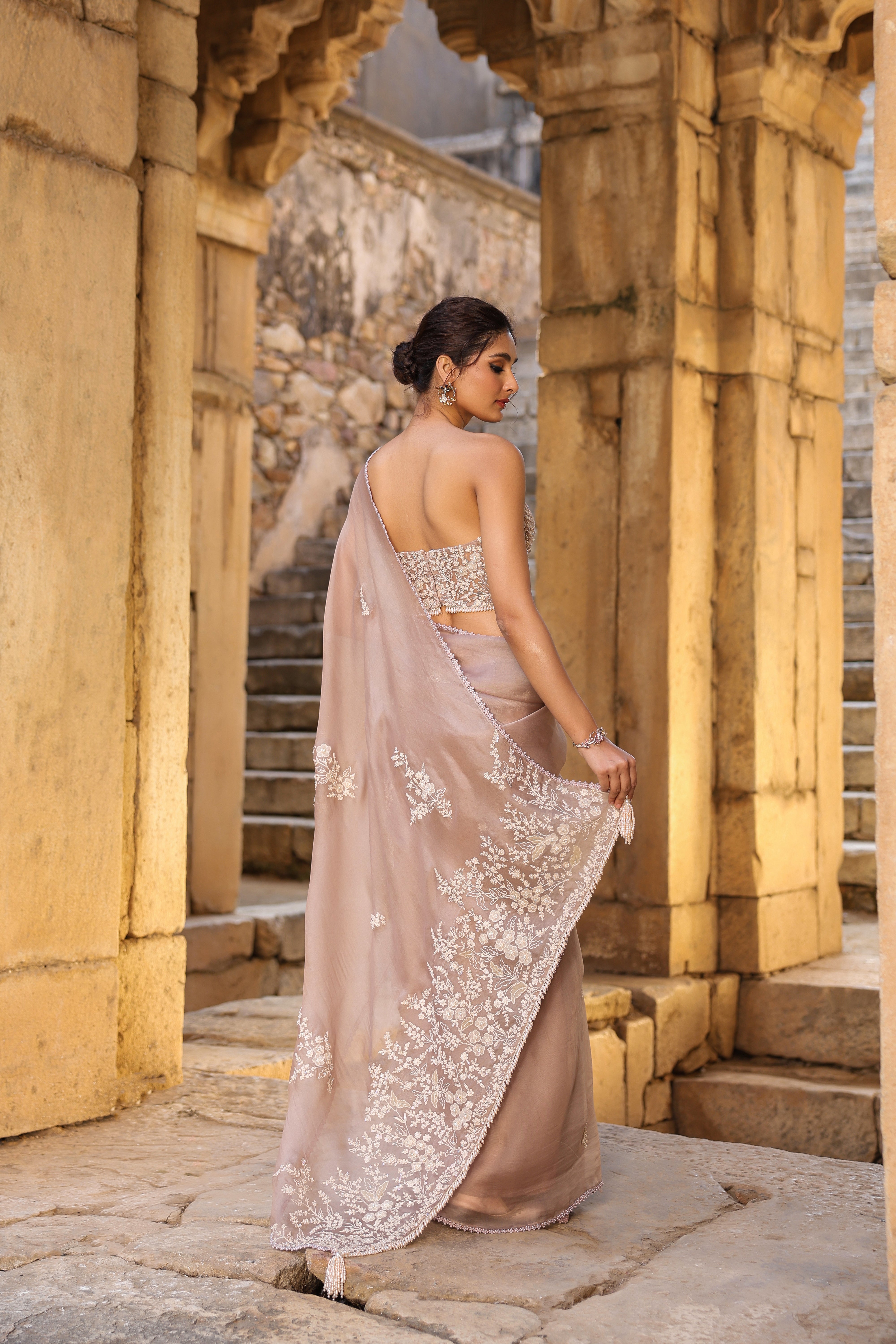 Vaayu Taupe Applique Corset Saree Set