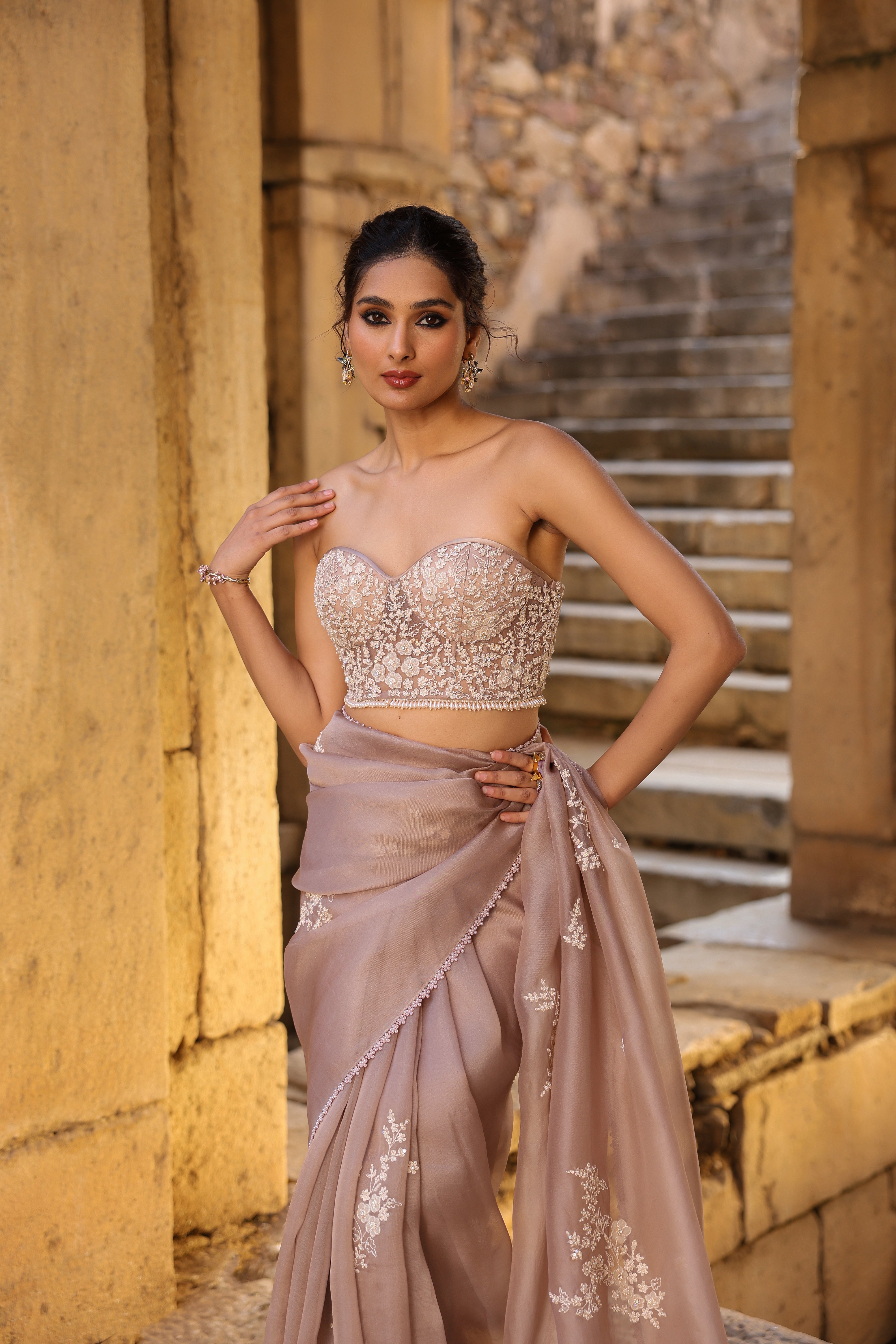 Vaayu Taupe Applique Corset Saree Set