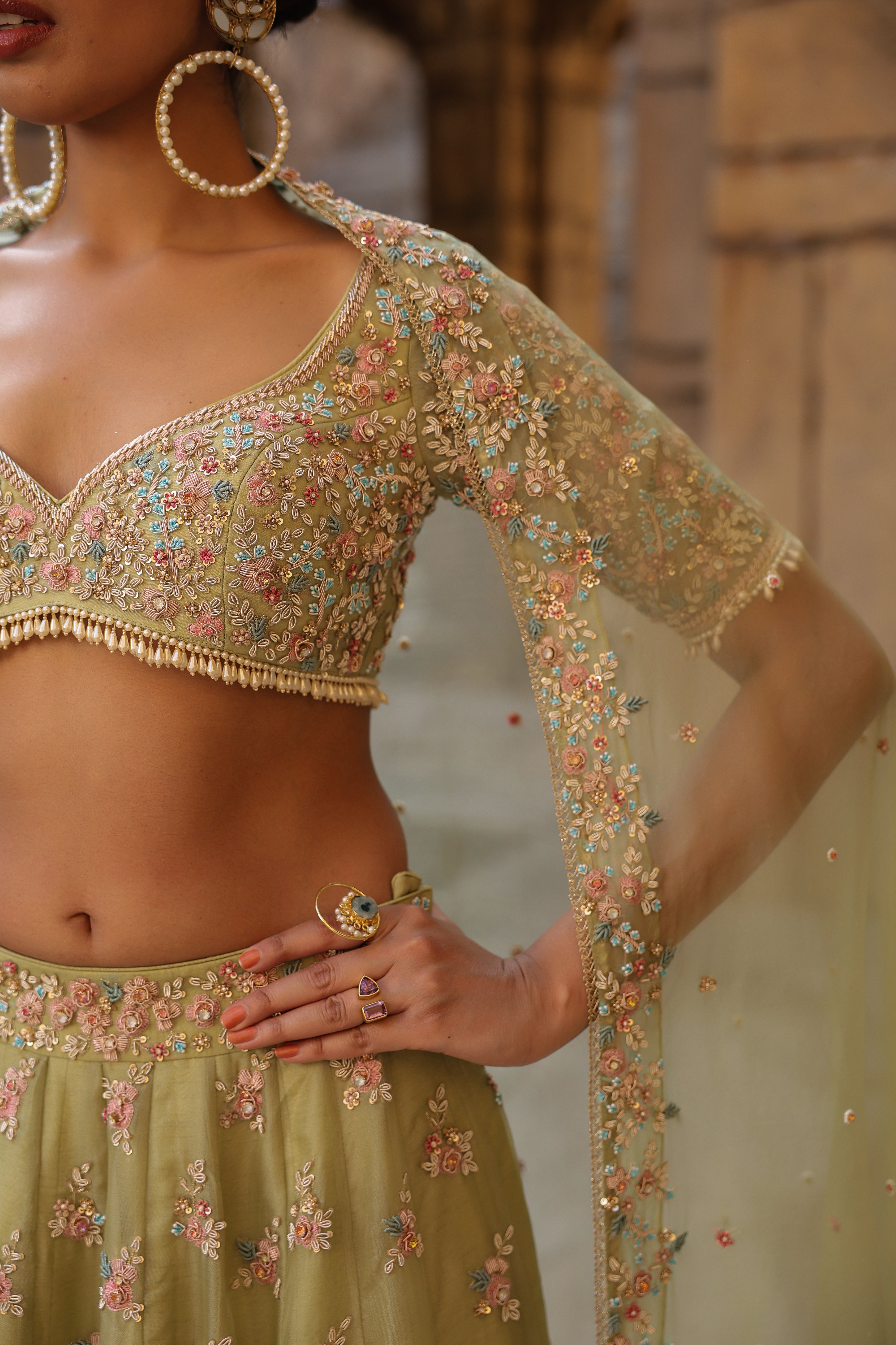 Vaayu Green Multicolor Phool Lehenga Set