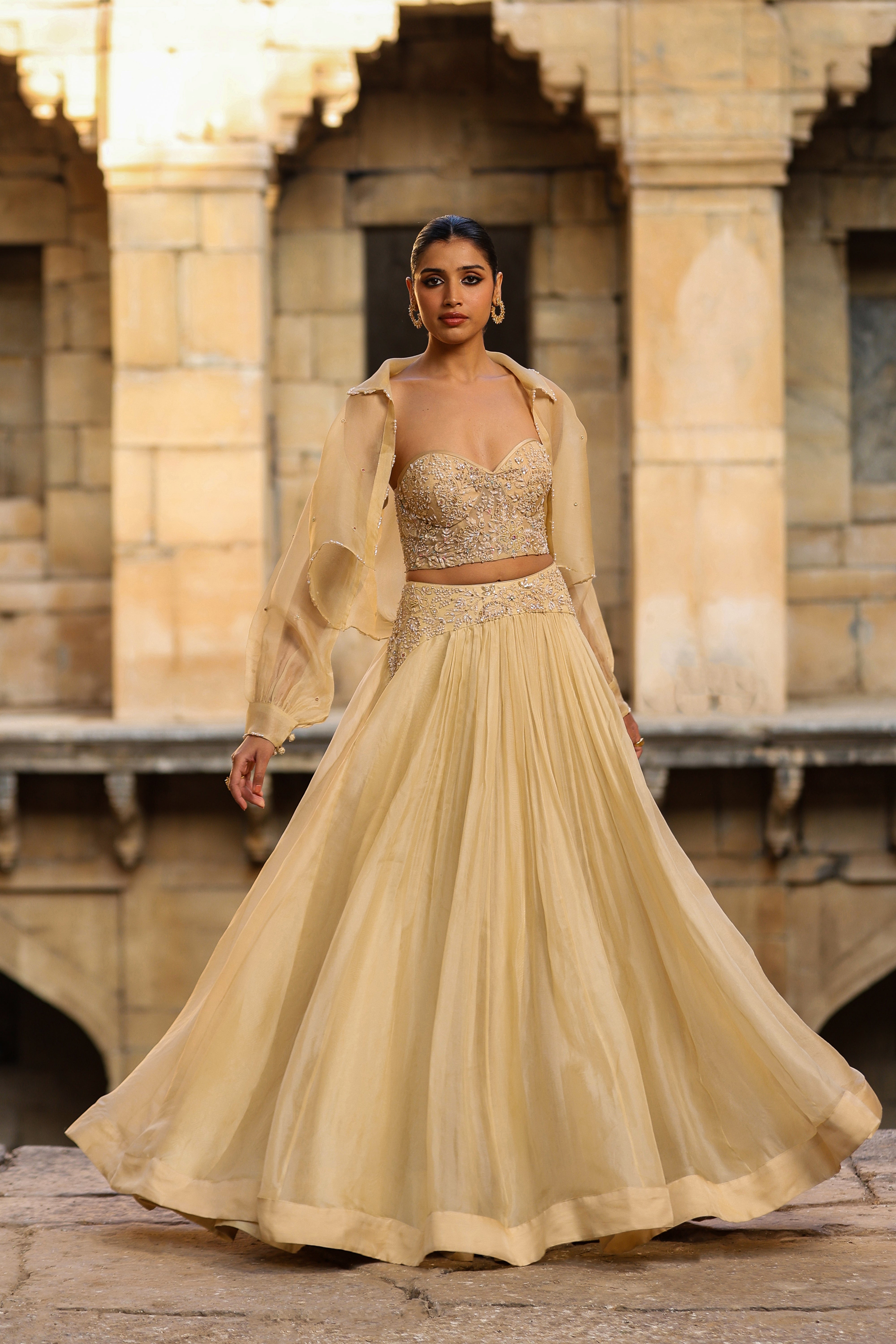 Vaayu Beige Jacket Lehenga Set
