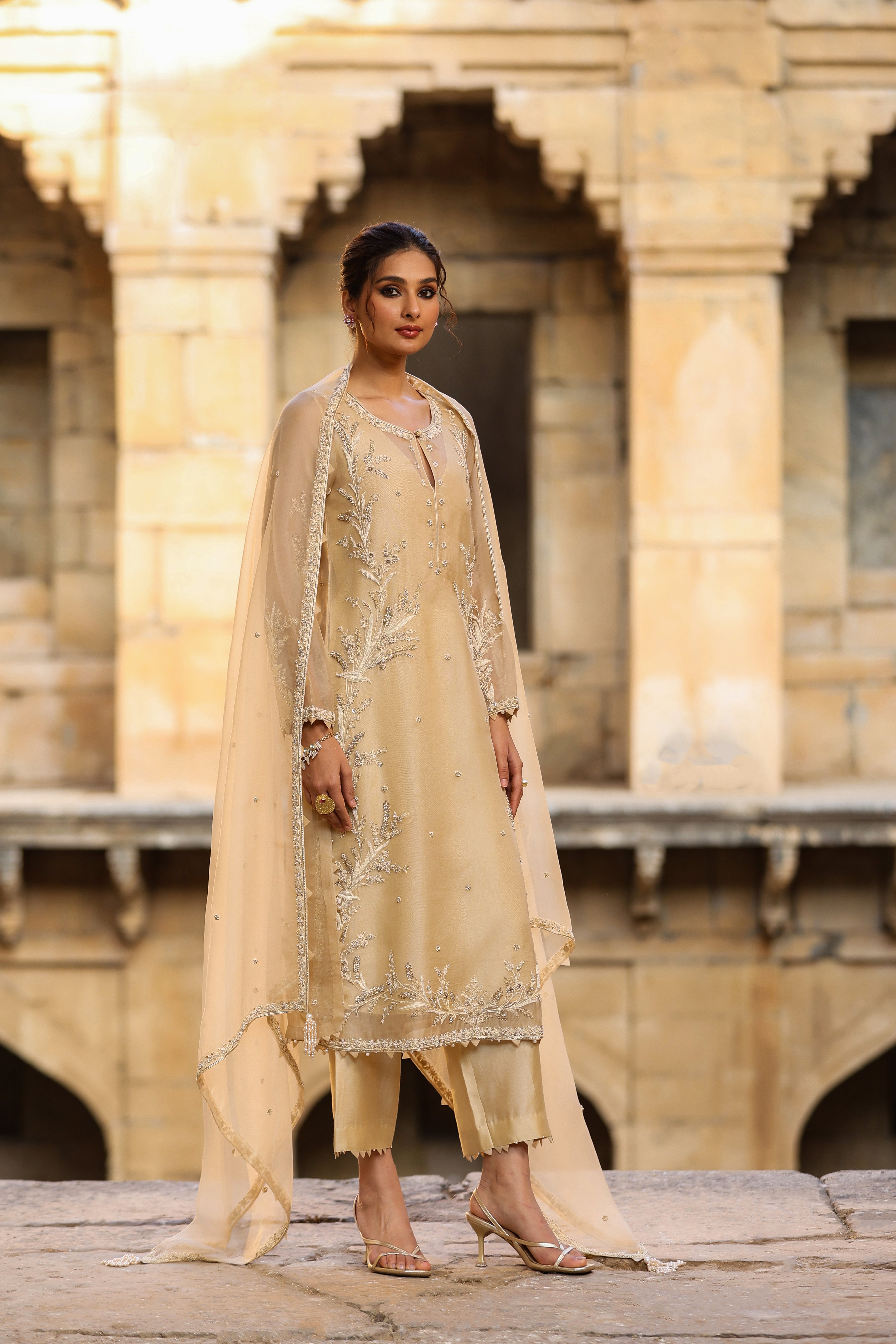 Vaayu Beige Phool Patti Kurta Set